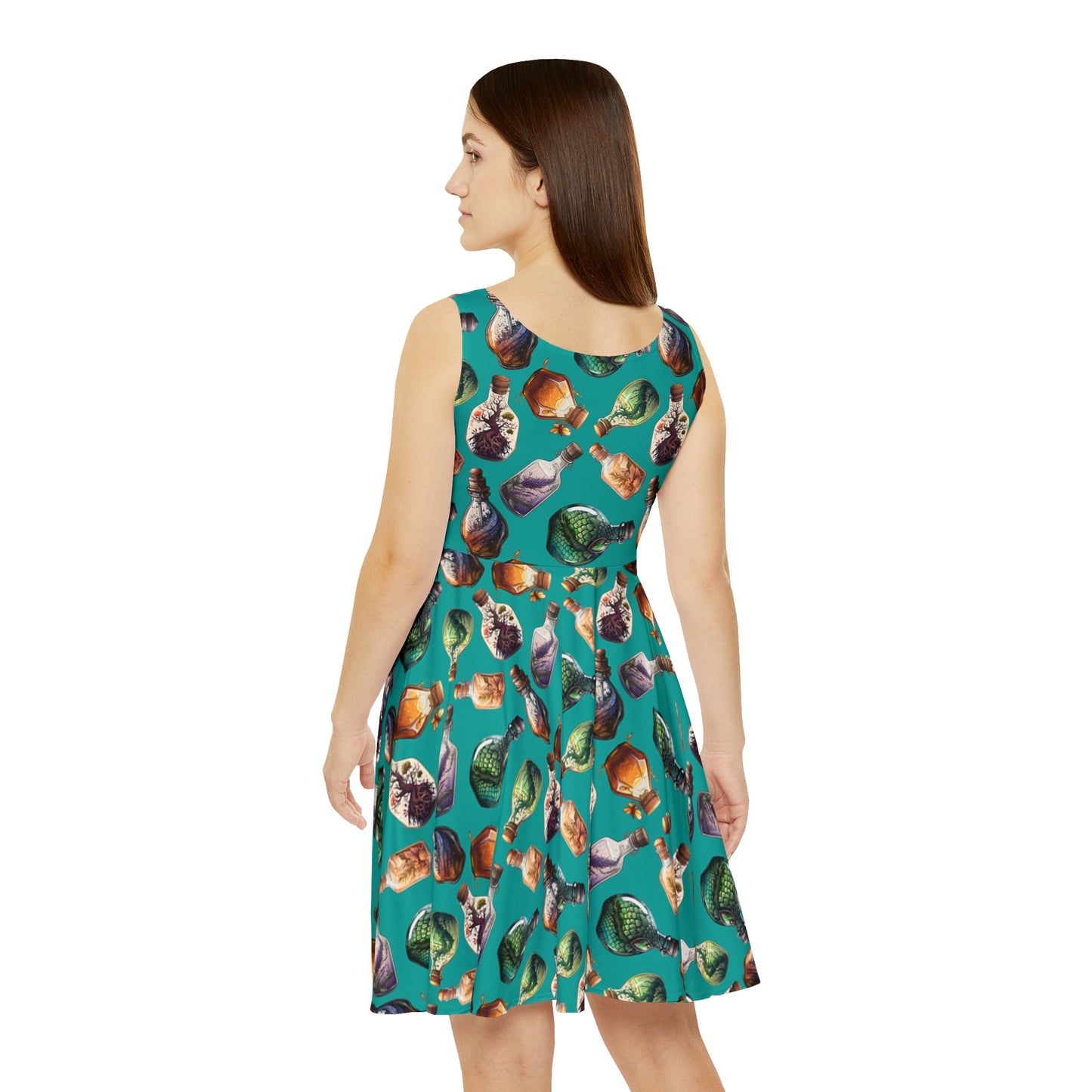 Teal potion bottles dress - Women's Skater Dress, potion, potion dress, alchemy, alchemist, witch, wizard, witchy, halloween, witchy dress, witch dress, skater dress,