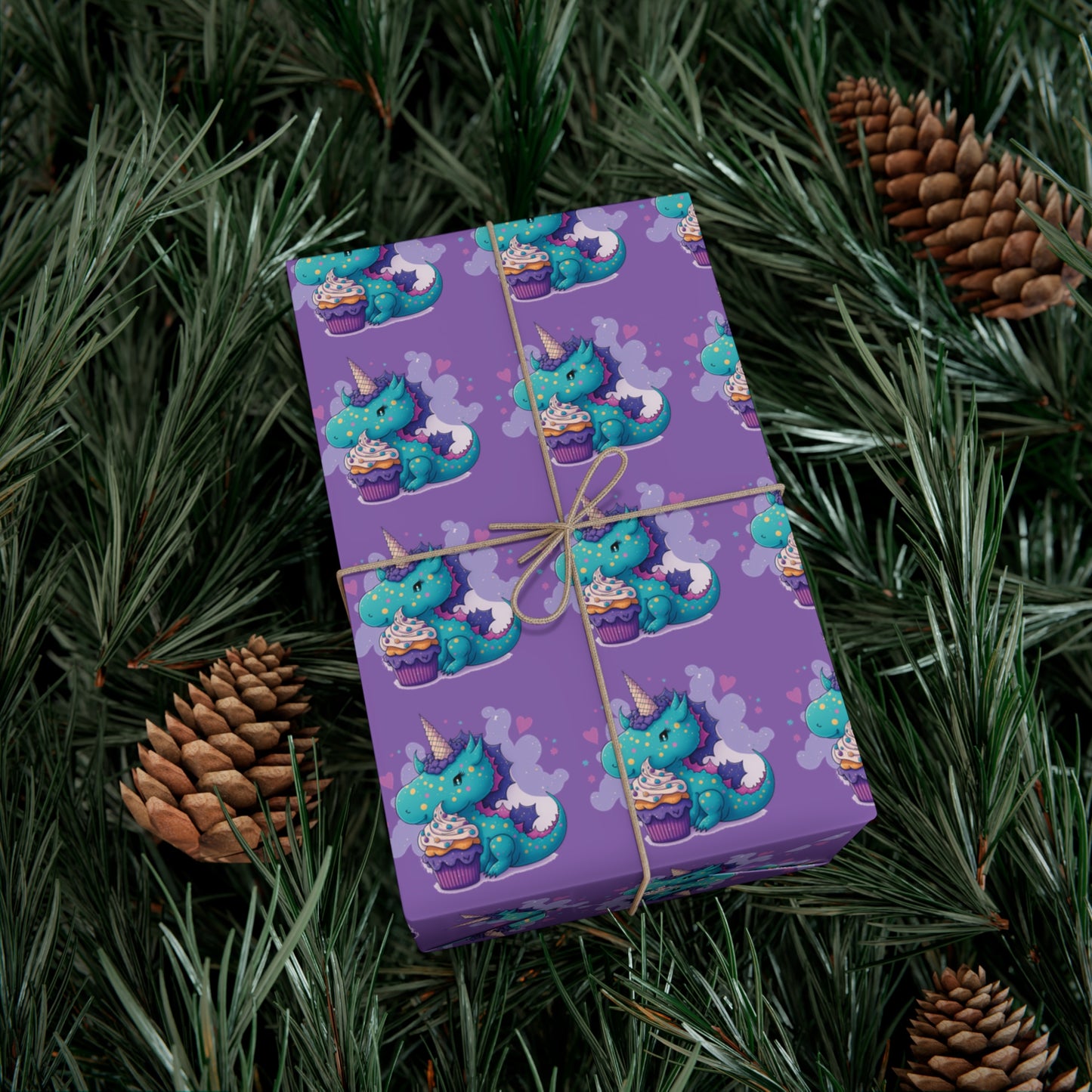 (purple) cute dragon with cupcake, dragon, dragon wrapping paper, dragon gift wrap, birthday, birthday party, gift wrap, wrapping paper, happy birthday, cute dragon