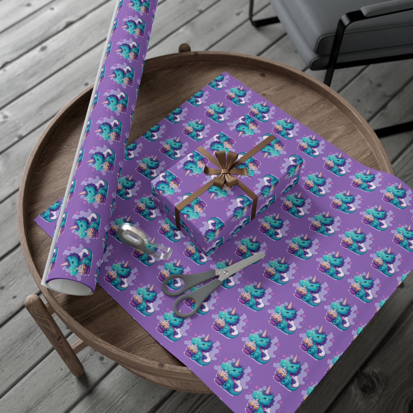 (purple) cute dragon with cupcake, dragon, dragon wrapping paper, dragon gift wrap, birthday, birthday party, gift wrap, wrapping paper, happy birthday, cute dragon
