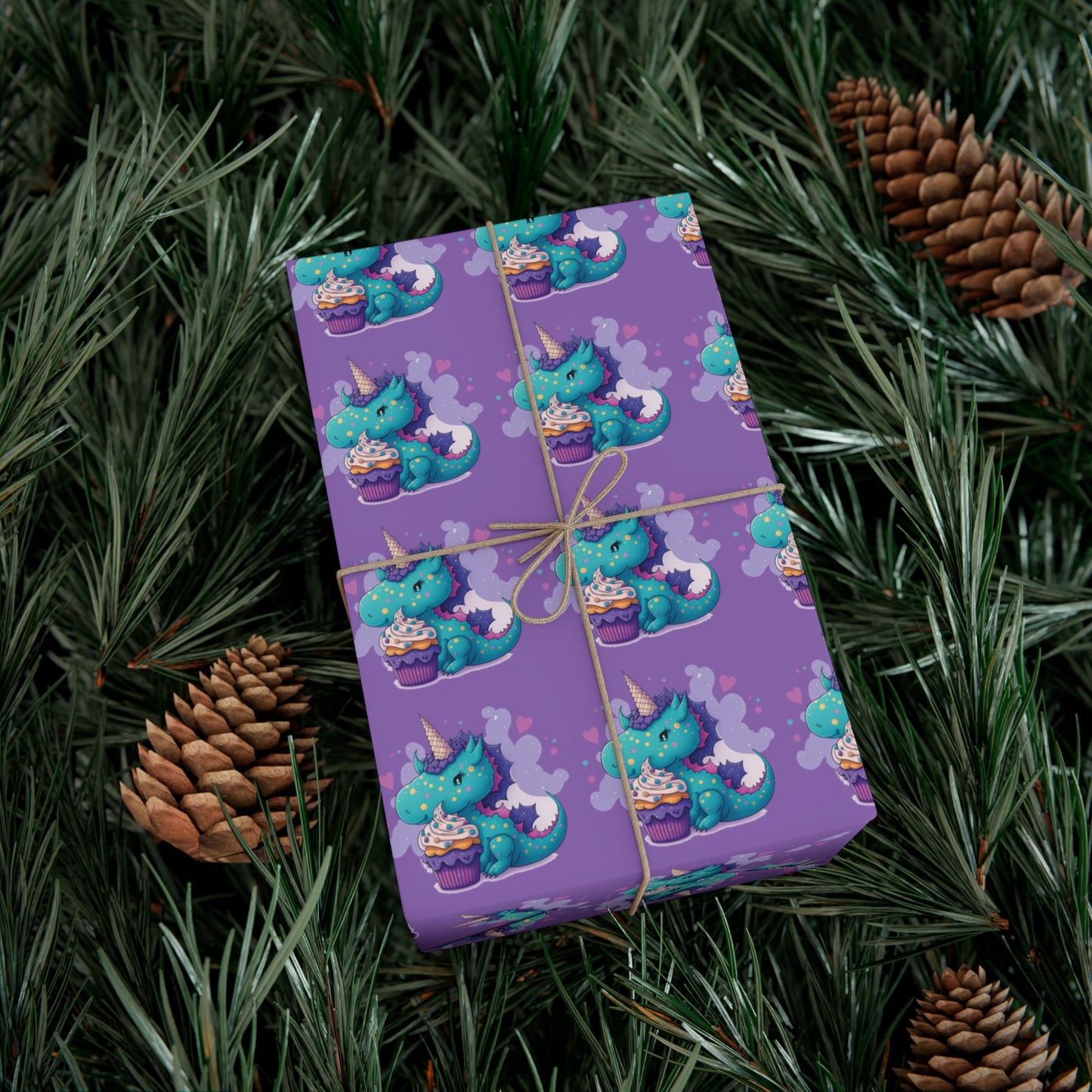 (purple) cute dragon with cupcake, dragon, dragon wrapping paper, dragon gift wrap, birthday, birthday party, gift wrap, wrapping paper, happy birthday, cute dragon