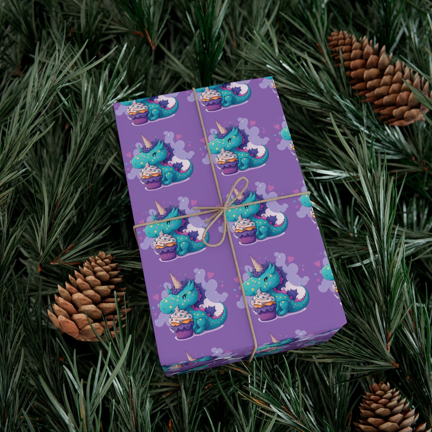 (purple) cute dragon with cupcake, dragon, dragon wrapping paper, dragon gift wrap, birthday, birthday party, gift wrap, wrapping paper, happy birthday, cute dragon