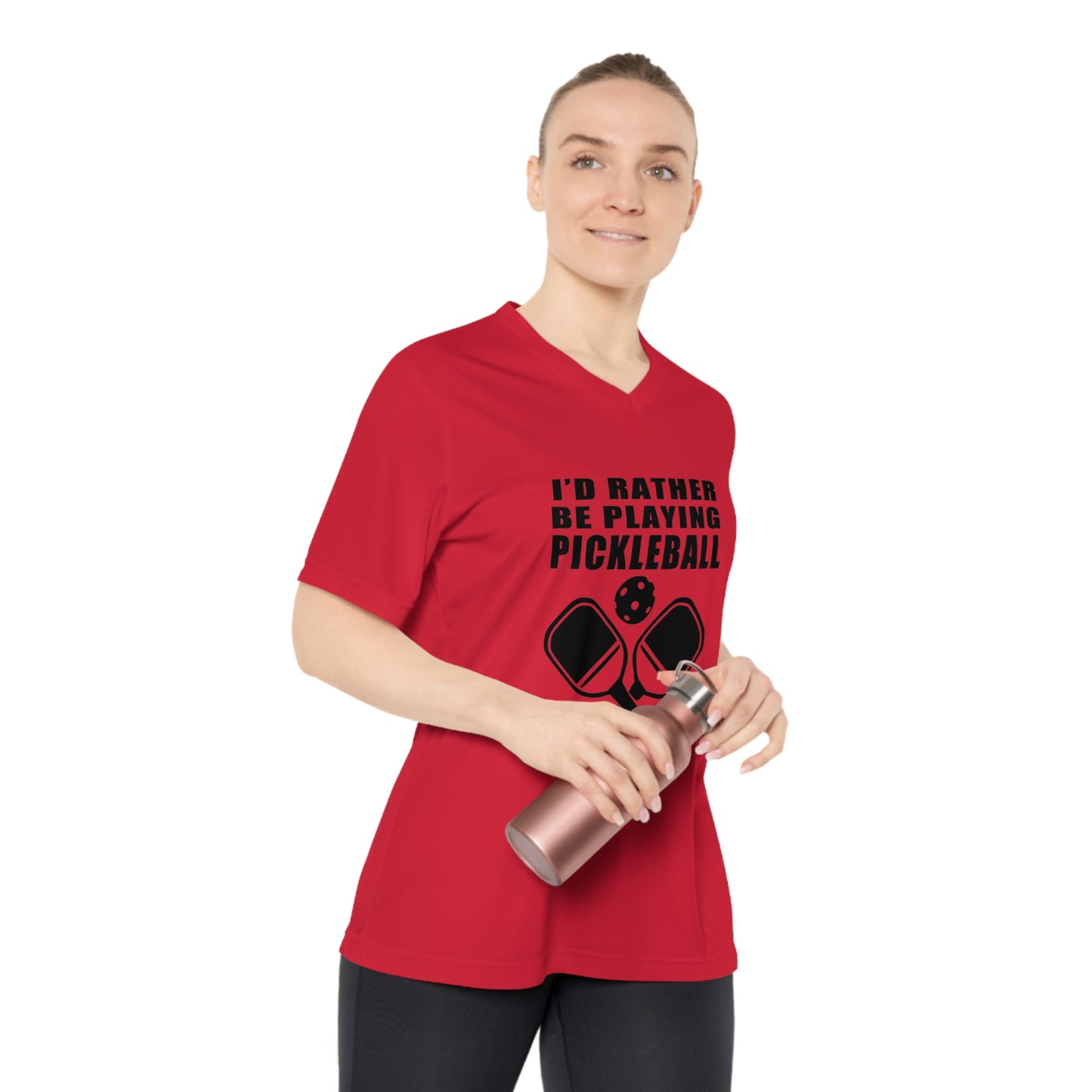 black pickleball rather be playing - Women's Performance V-Neck T-Shirt, ID RATHER BE PLAYING PICKLEBALL, pickleball, pickle ball, workout top, workout shirt, pickleball shirt, heart, pickleball heart, I love pickleball,