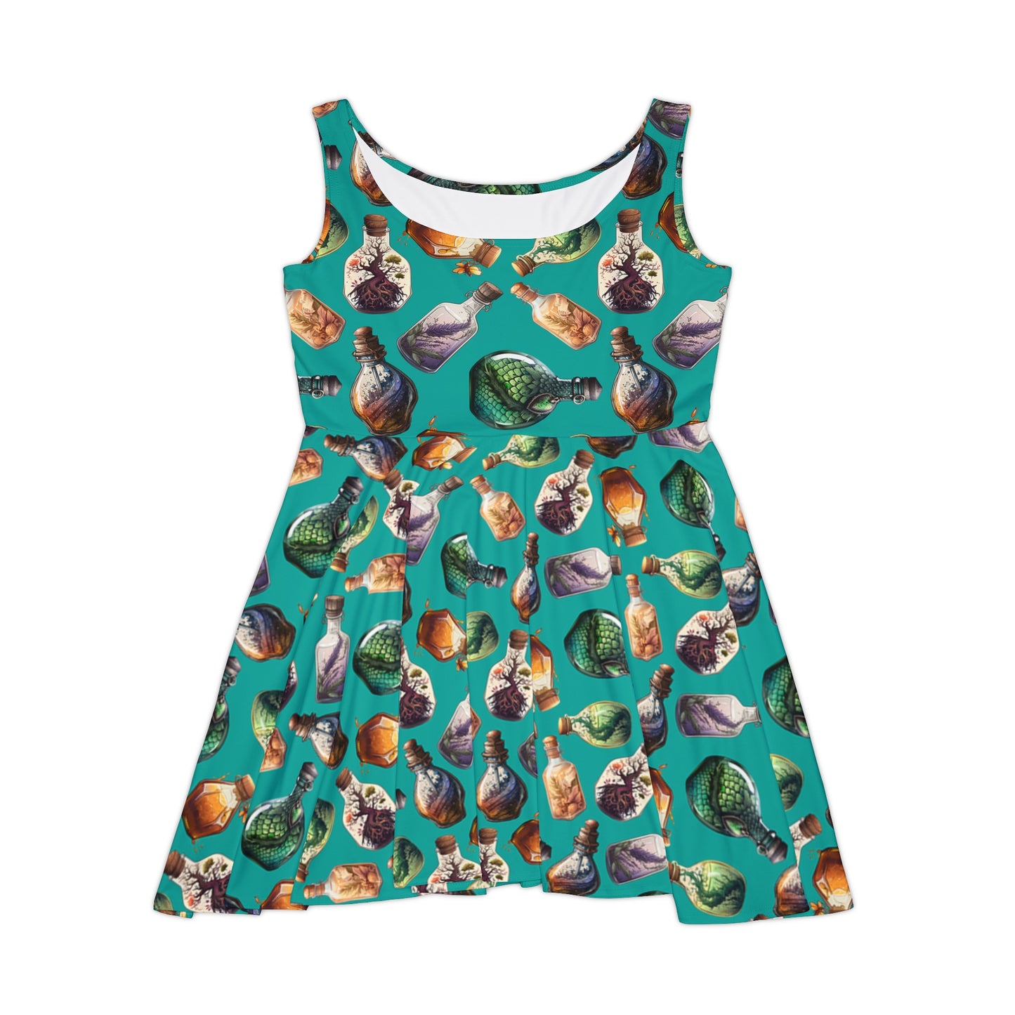 Teal potion bottles dress - Women's Skater Dress, potion, potion dress, alchemy, alchemist, witch, wizard, witchy, halloween, witchy dress, witch dress, skater dress,