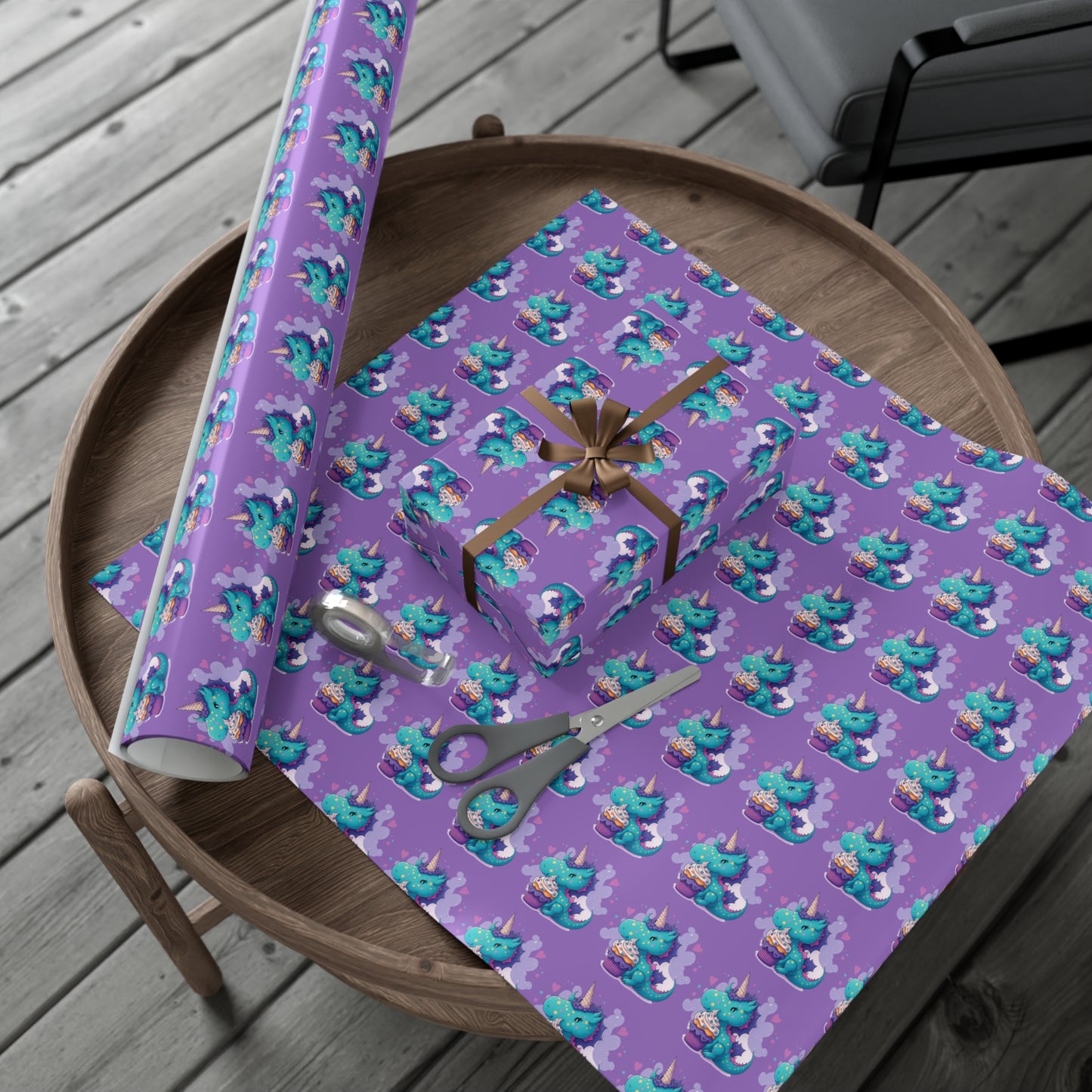 (purple) cute dragon with cupcake, dragon, dragon wrapping paper, dragon gift wrap, birthday, birthday party, gift wrap, wrapping paper, happy birthday, cute dragon