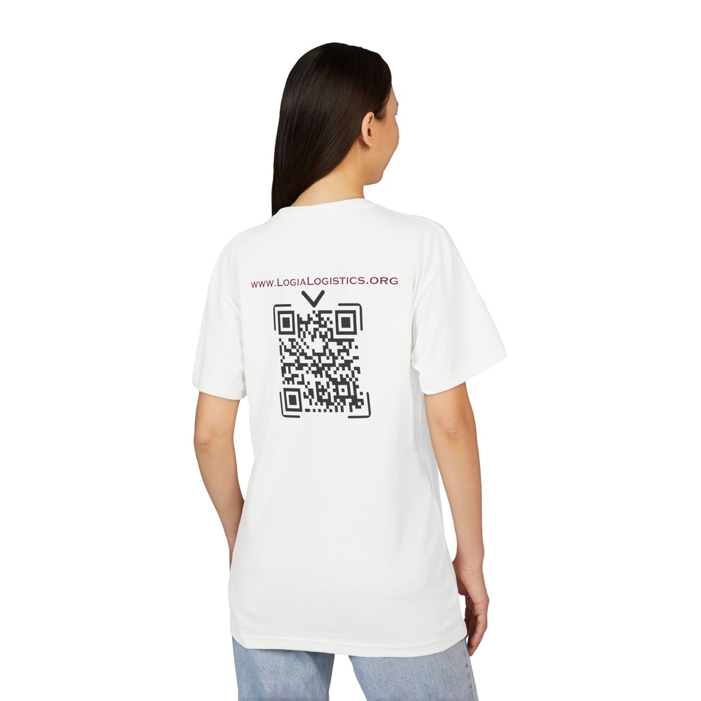 Logia Nonprofit Logistics, logia logistics, non prophet, Unisex Sueded T-Shirt, qr on back