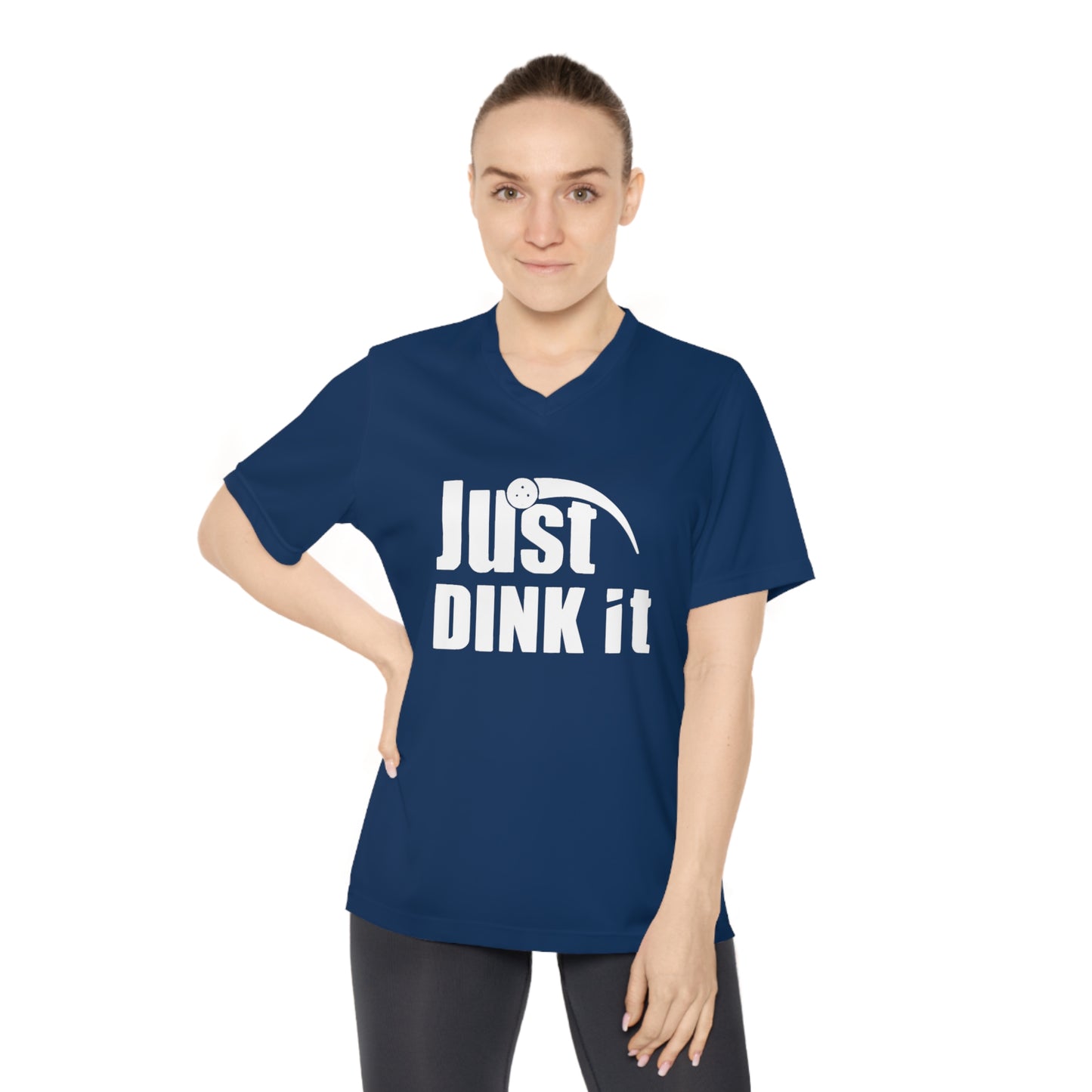 white pickleball just dink it - Women's Performance V-Neck T-Shirt, JUST DINK IT, pun, punny, pickleball, pickle ball, workout top, workout shirt, pickleball shirt, I love pickleball,