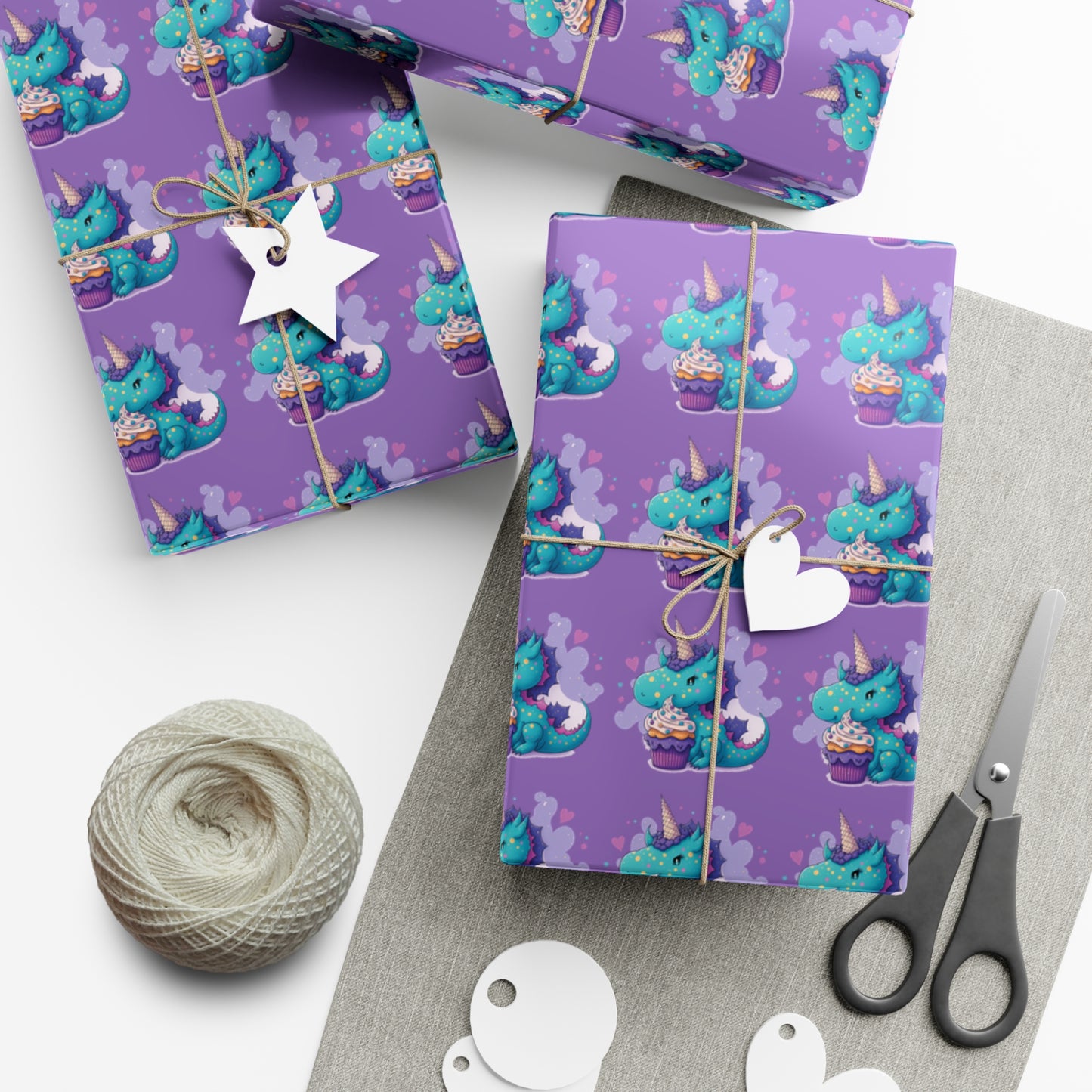 (purple) cute dragon with cupcake, dragon, dragon wrapping paper, dragon gift wrap, birthday, birthday party, gift wrap, wrapping paper, happy birthday, cute dragon