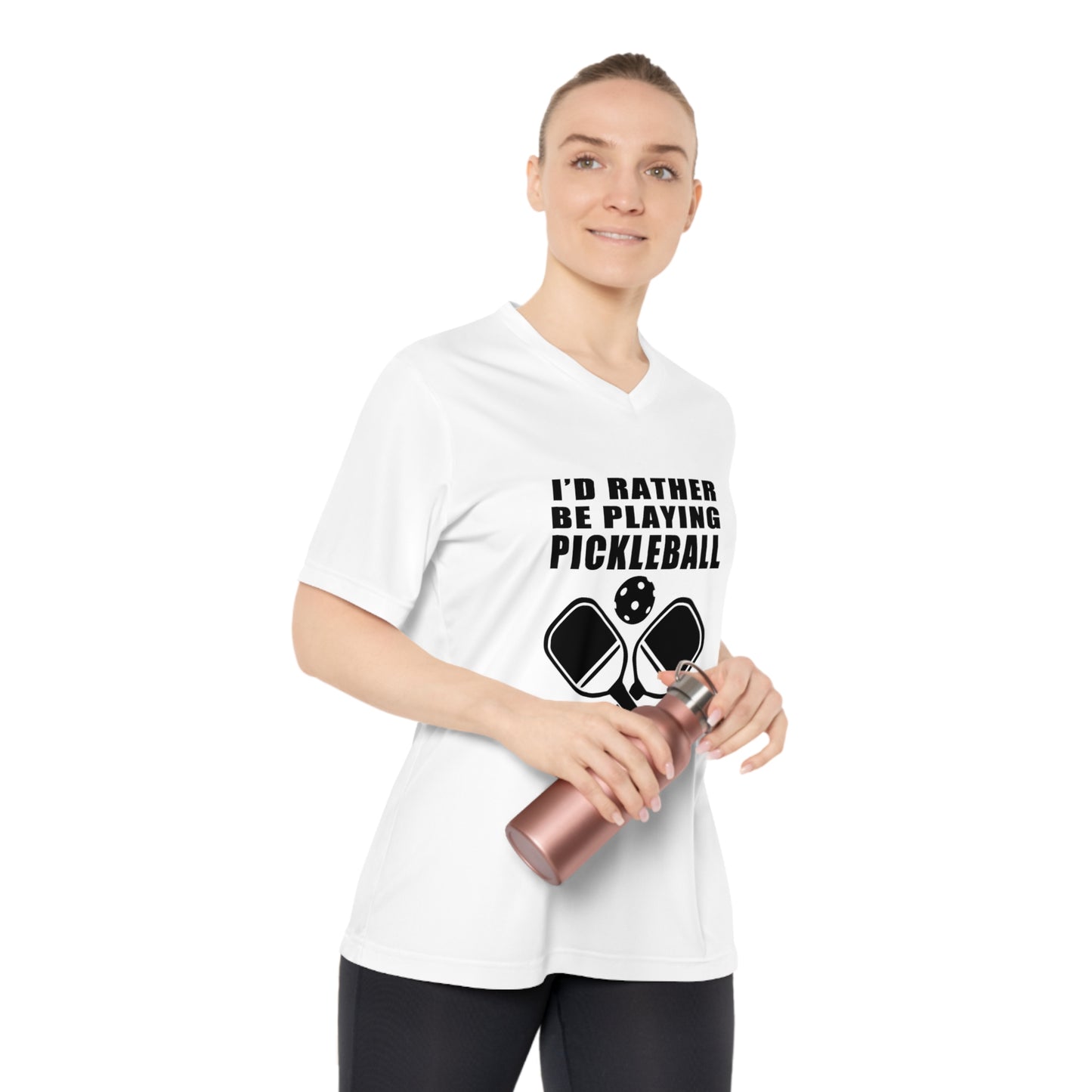 black pickleball rather be playing - Women's Performance V-Neck T-Shirt, ID RATHER BE PLAYING PICKLEBALL, pickleball, pickle ball, workout top, workout shirt, pickleball shirt, heart, pickleball heart, I love pickleball,