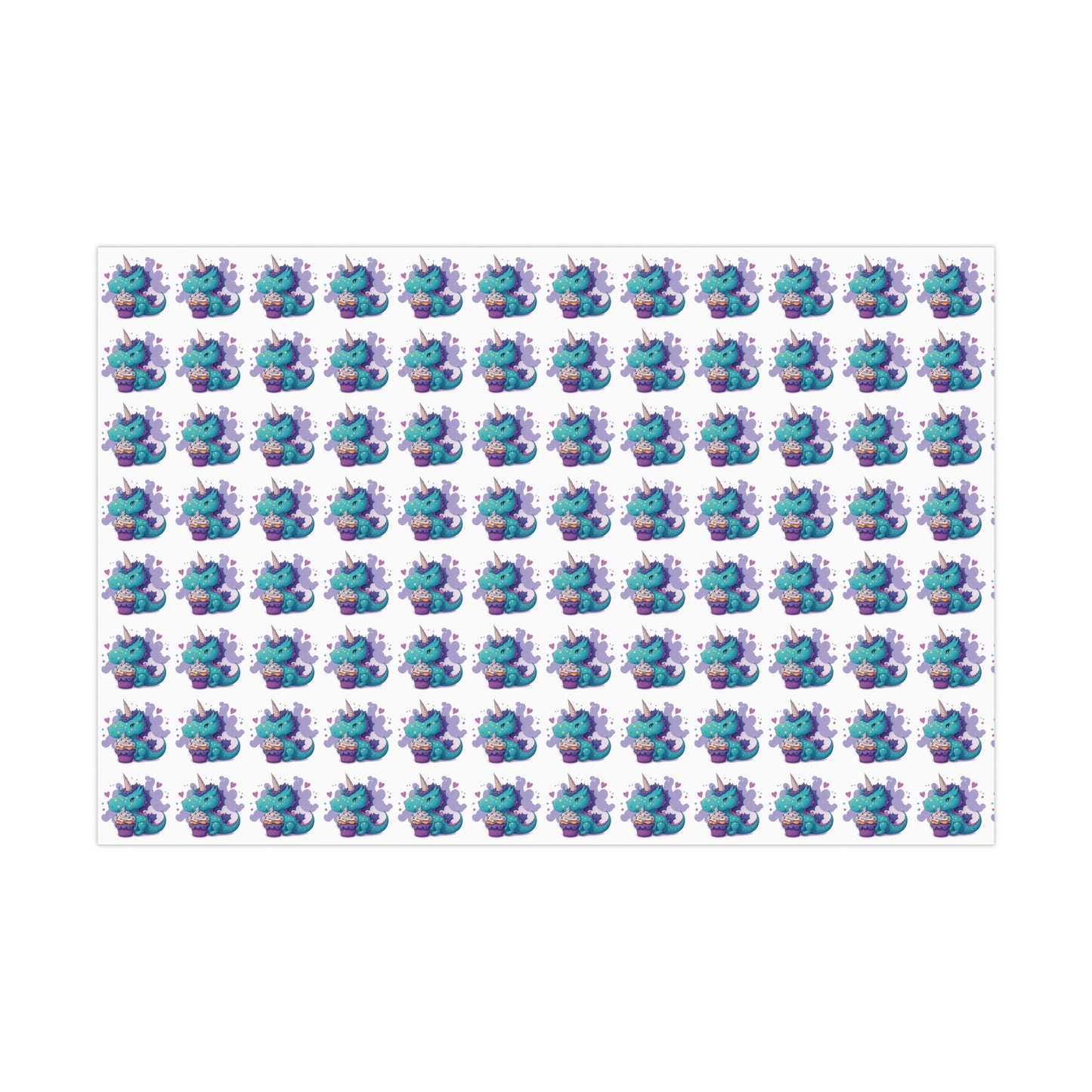 (white) cute dragon with cupcake, dragon, dragon wrapping paper, dragon gift wrap, birthday, birthday party, gift wrap, wrapping paper, happy birthday, cute dragon