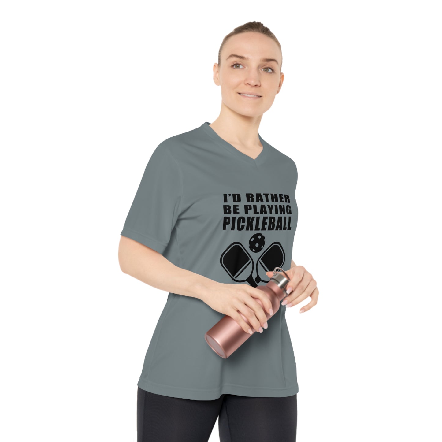 black pickleball rather be playing - Women's Performance V-Neck T-Shirt, ID RATHER BE PLAYING PICKLEBALL, pickleball, pickle ball, workout top, workout shirt, pickleball shirt, heart, pickleball heart, I love pickleball,