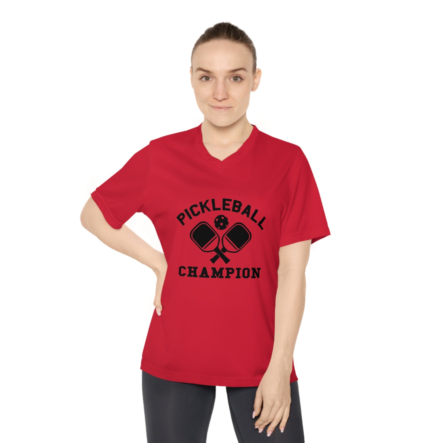 black pickleball champion - Women's Performance V-Neck T-Shirt, PICKLEBALL CHAMPION, pickleball, pickle ball, workout top, workout shirt, pickleball shirt, I love pickleball,