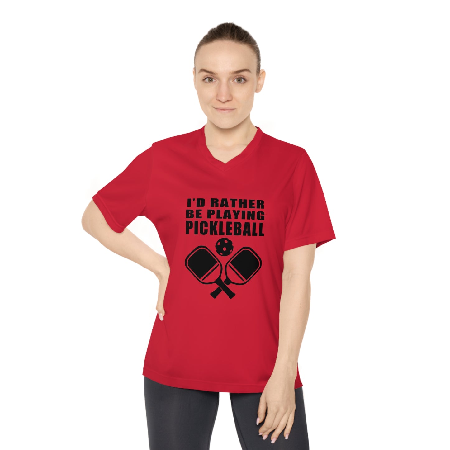 black pickleball rather be playing - Women's Performance V-Neck T-Shirt, ID RATHER BE PLAYING PICKLEBALL, pickleball, pickle ball, workout top, workout shirt, pickleball shirt, heart, pickleball heart, I love pickleball,