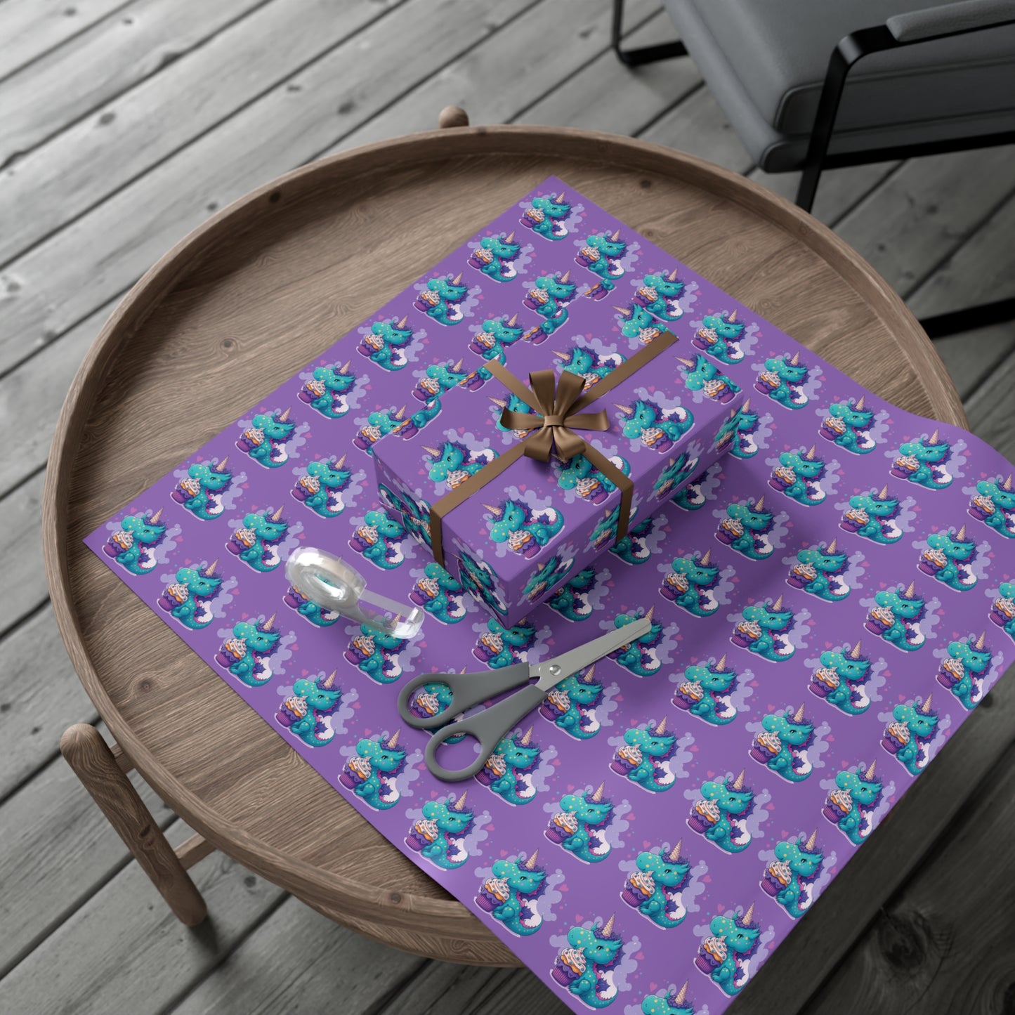 (purple) cute dragon with cupcake, dragon, dragon wrapping paper, dragon gift wrap, birthday, birthday party, gift wrap, wrapping paper, happy birthday, cute dragon