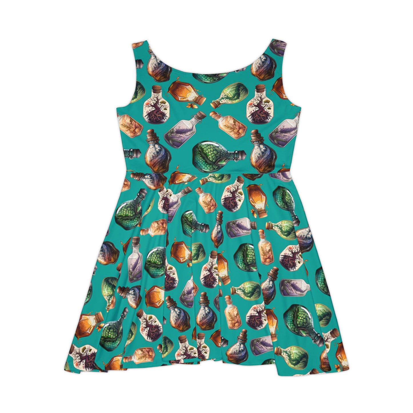 Teal potion bottles dress - Women's Skater Dress, potion, potion dress, alchemy, alchemist, witch, wizard, witchy, halloween, witchy dress, witch dress, skater dress,