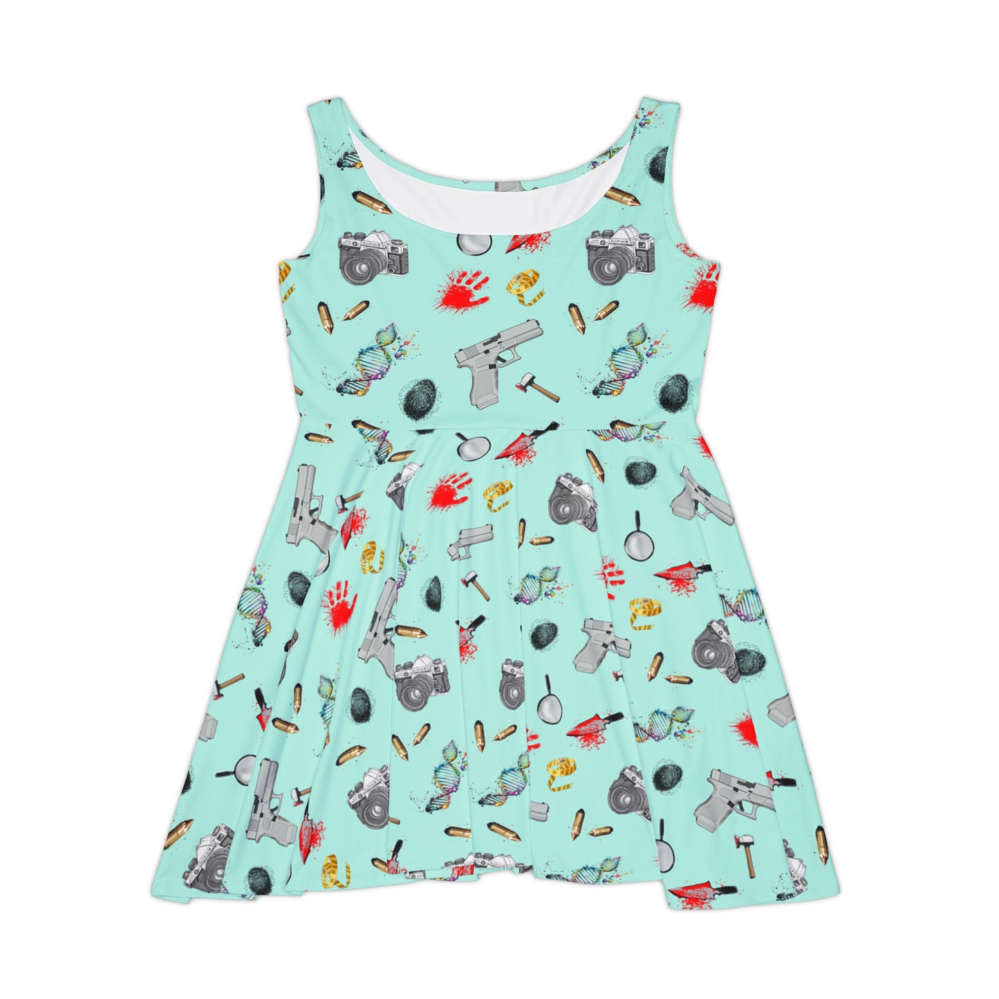 True Crime skater dress - Women's Skater Dress, skater dress, true crime, criminal, csi, finger print, dna, bloody hand print, camera, bullets,