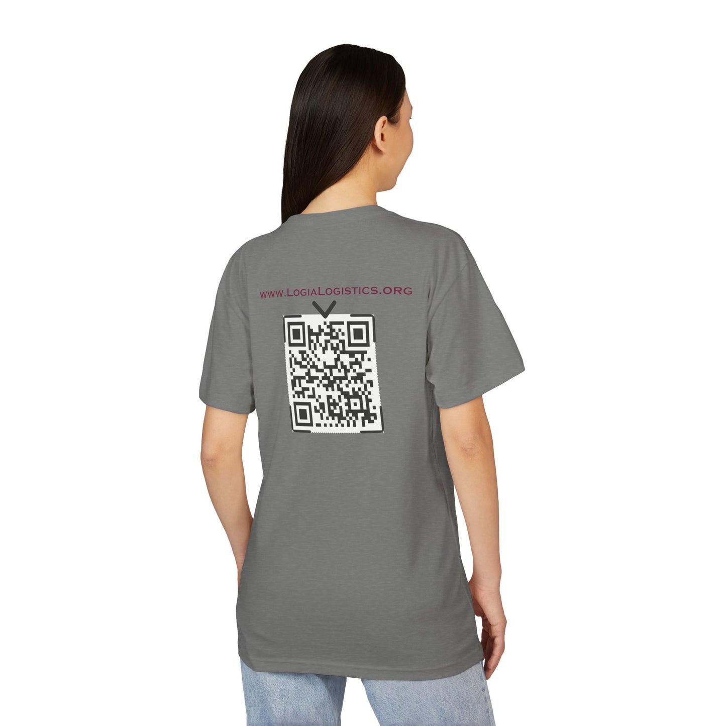 Logia Nonprofit Logistics, logia logistics, non prophet, Unisex Sueded T-Shirt, qr on back