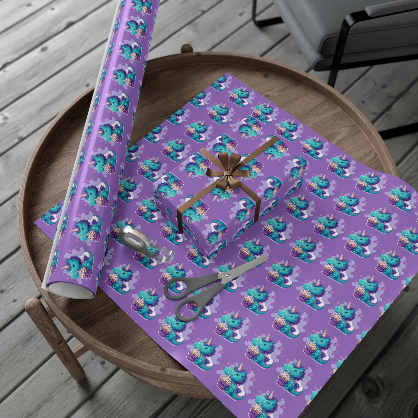(purple) cute dragon with cupcake, dragon, dragon wrapping paper, dragon gift wrap, birthday, birthday party, gift wrap, wrapping paper, happy birthday, cute dragon