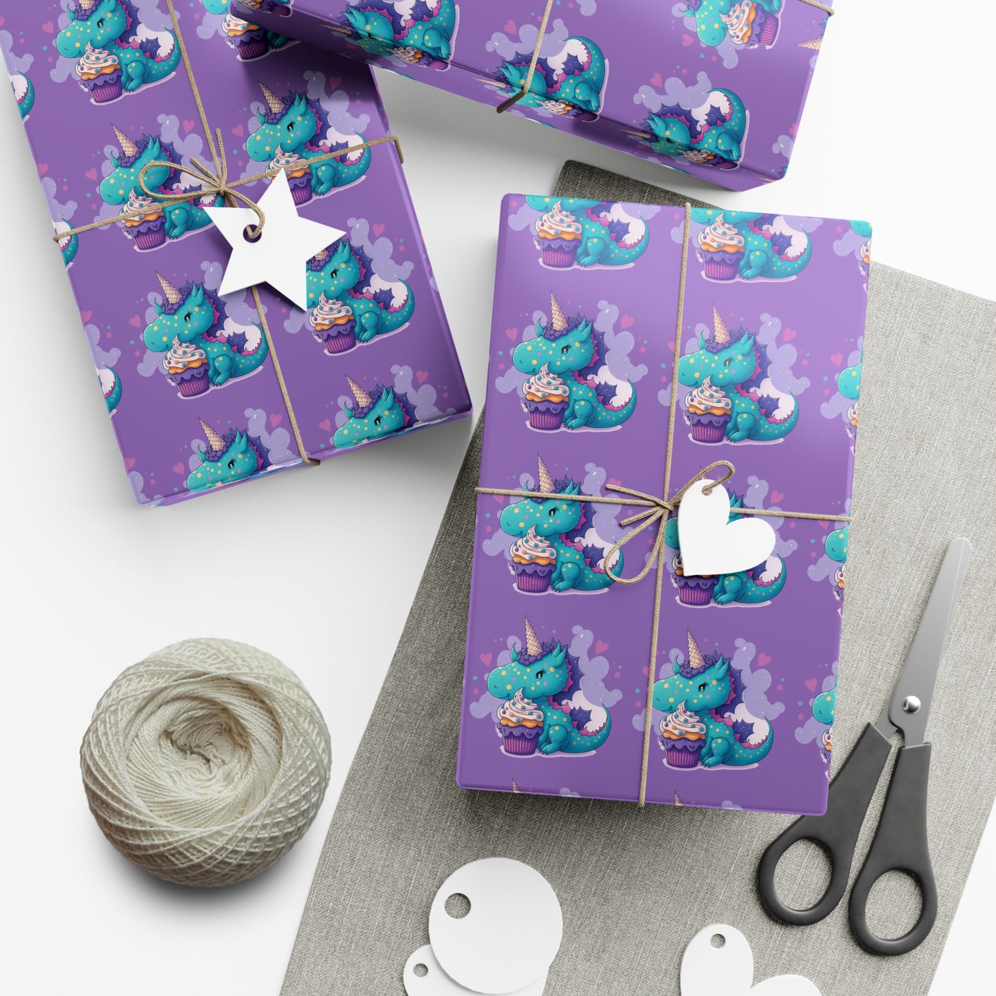 (purple) cute dragon with cupcake, dragon, dragon wrapping paper, dragon gift wrap, birthday, birthday party, gift wrap, wrapping paper, happy birthday, cute dragon