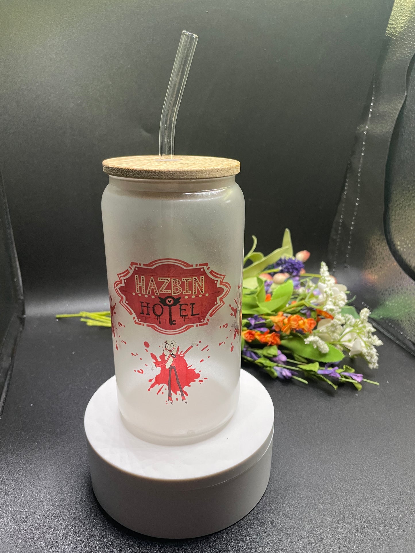 hazbin hotel glass cup, glass can, 16 oz, glow in the dark