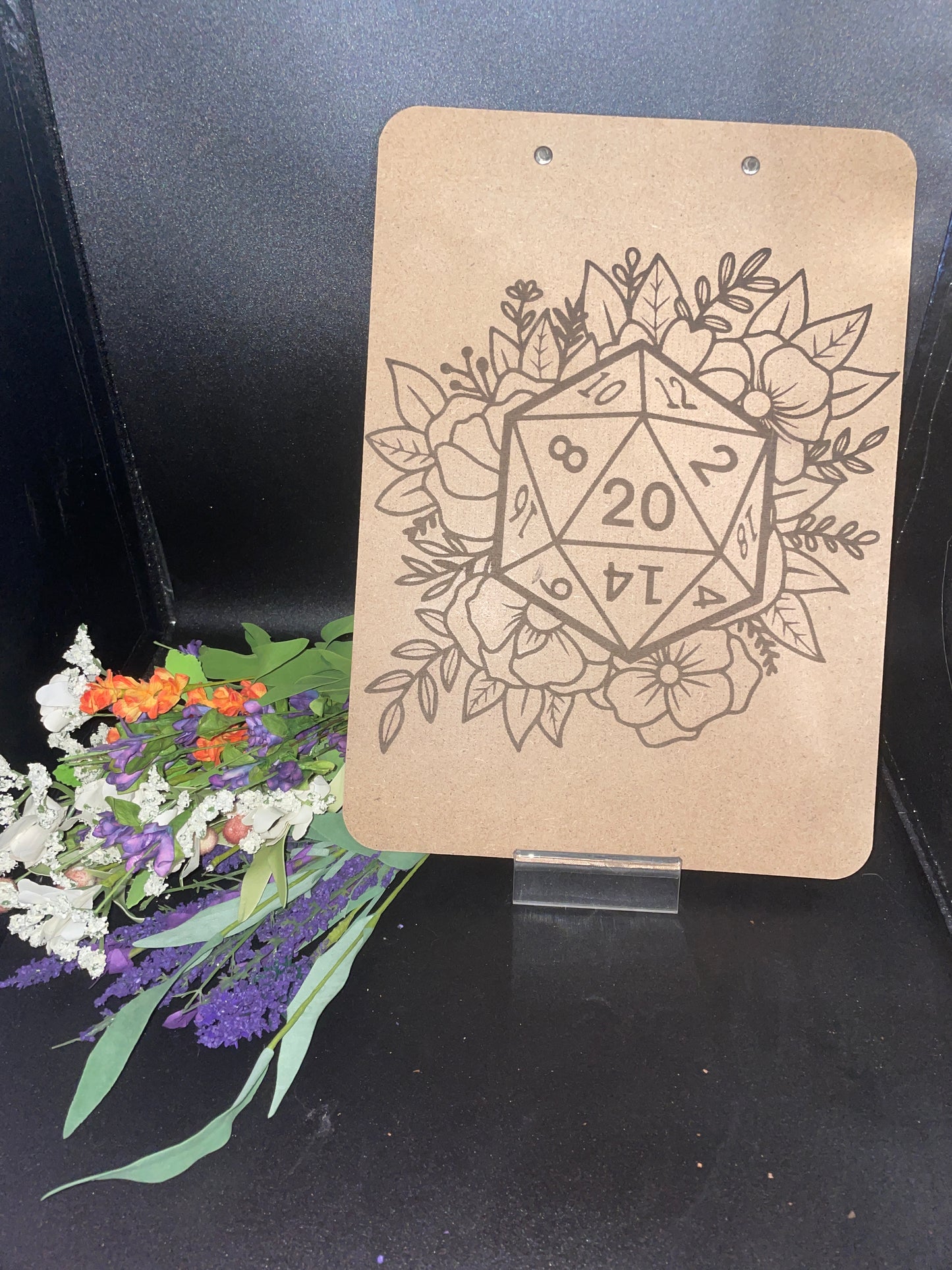 flower d20 Clip Board - Clip board, clipboard, nerdy clipboard, gift for nerd, dungeons and dragons, d&d, tabletop, gamer, school, work, dungeon master, dungeon crawl, gift for mom