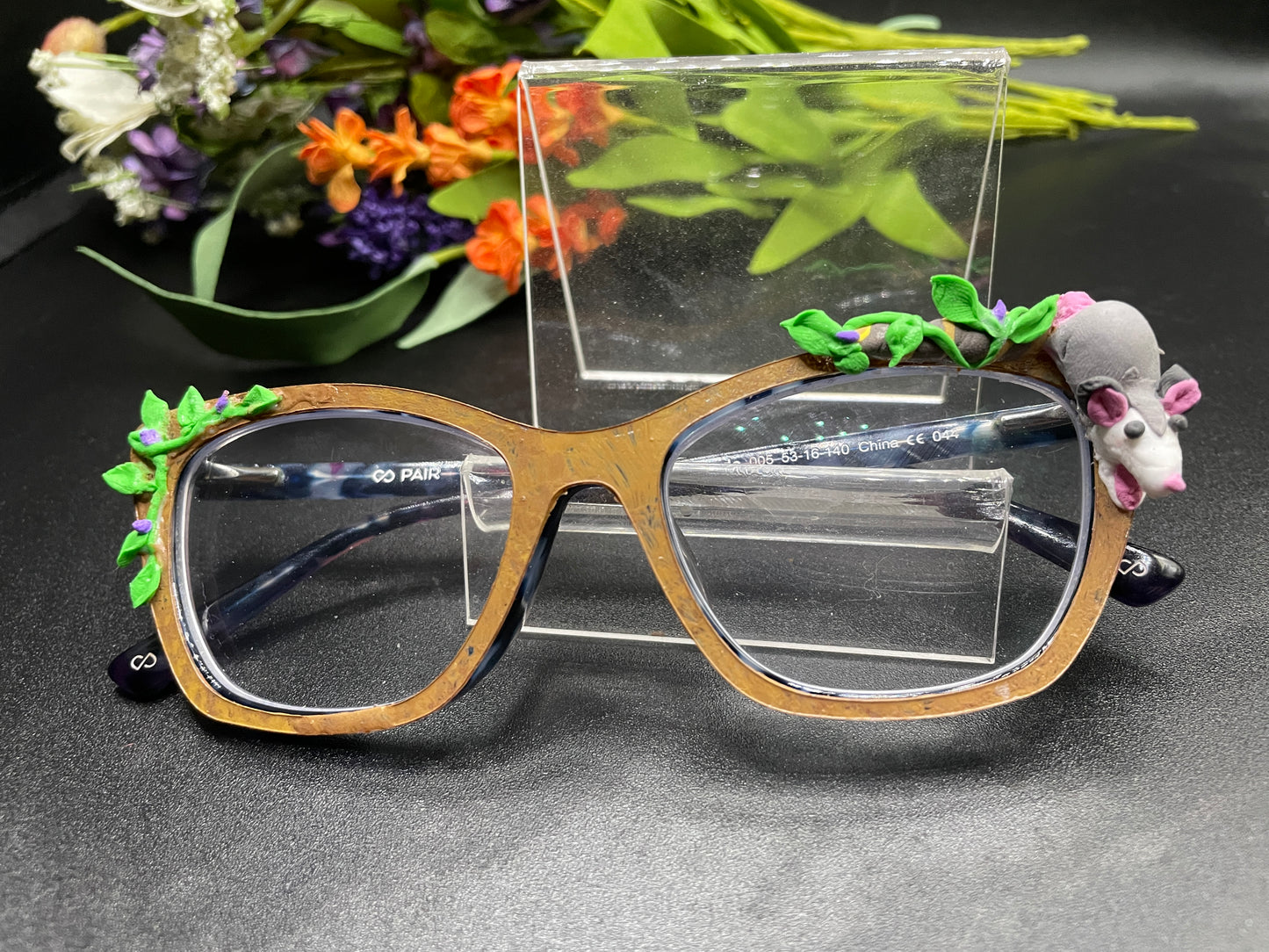 magnetic glasses topper - opossum 3d modeled clay, possum, possum toppers, opossum toppers, flower, flowers, floral, magnetic glasses topper, fits pair eyewear, wanda, ella, casper, kirby, murphy, harper, quinn, jessie, zuri, addison, payton