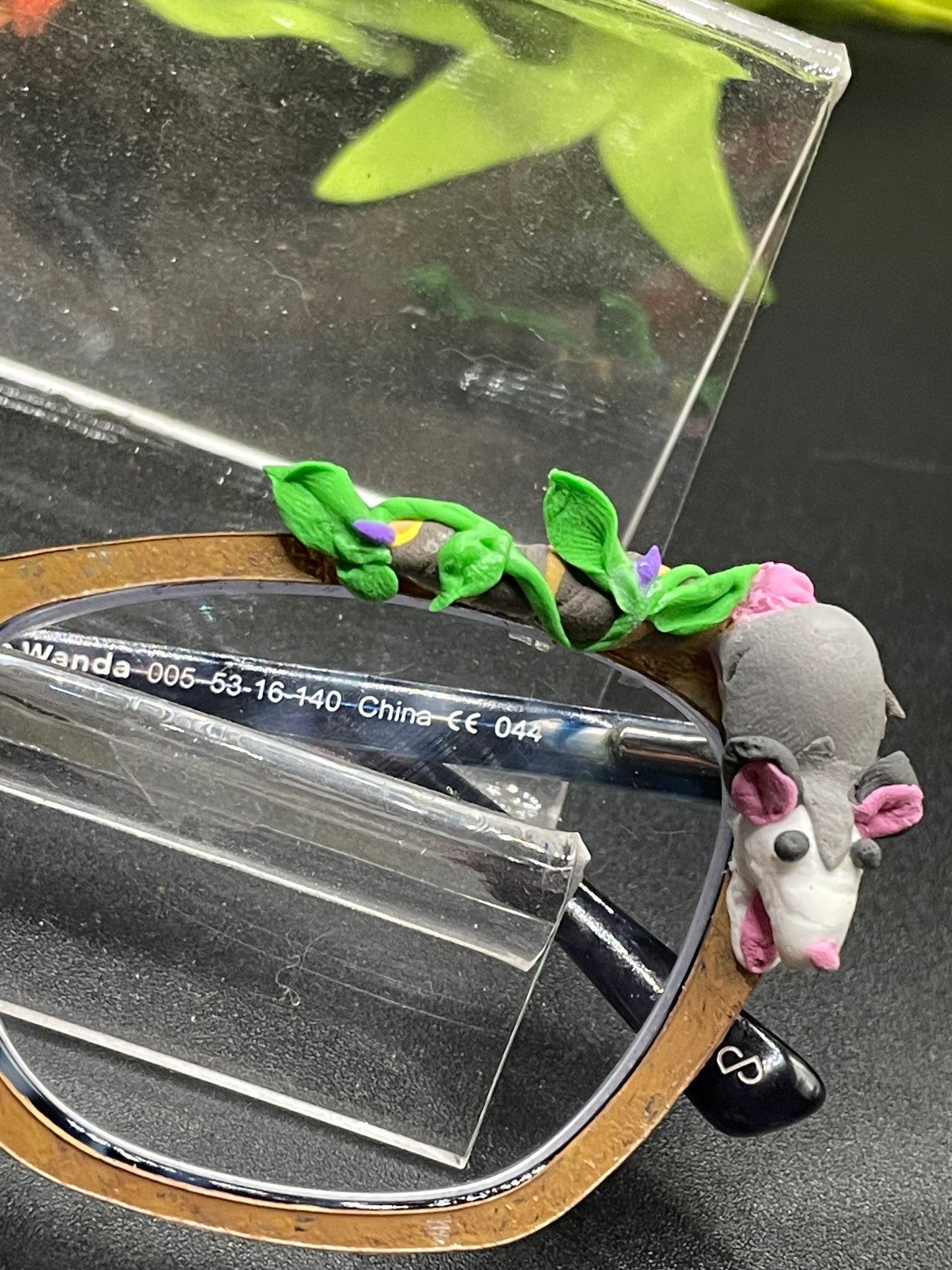magnetic glasses topper - opossum 3d modeled clay, possum, possum toppers, opossum toppers, flower, flowers, floral, magnetic glasses topper, fits pair eyewear, wanda, ella, casper, kirby, murphy, harper, quinn, jessie, zuri, addison, payton