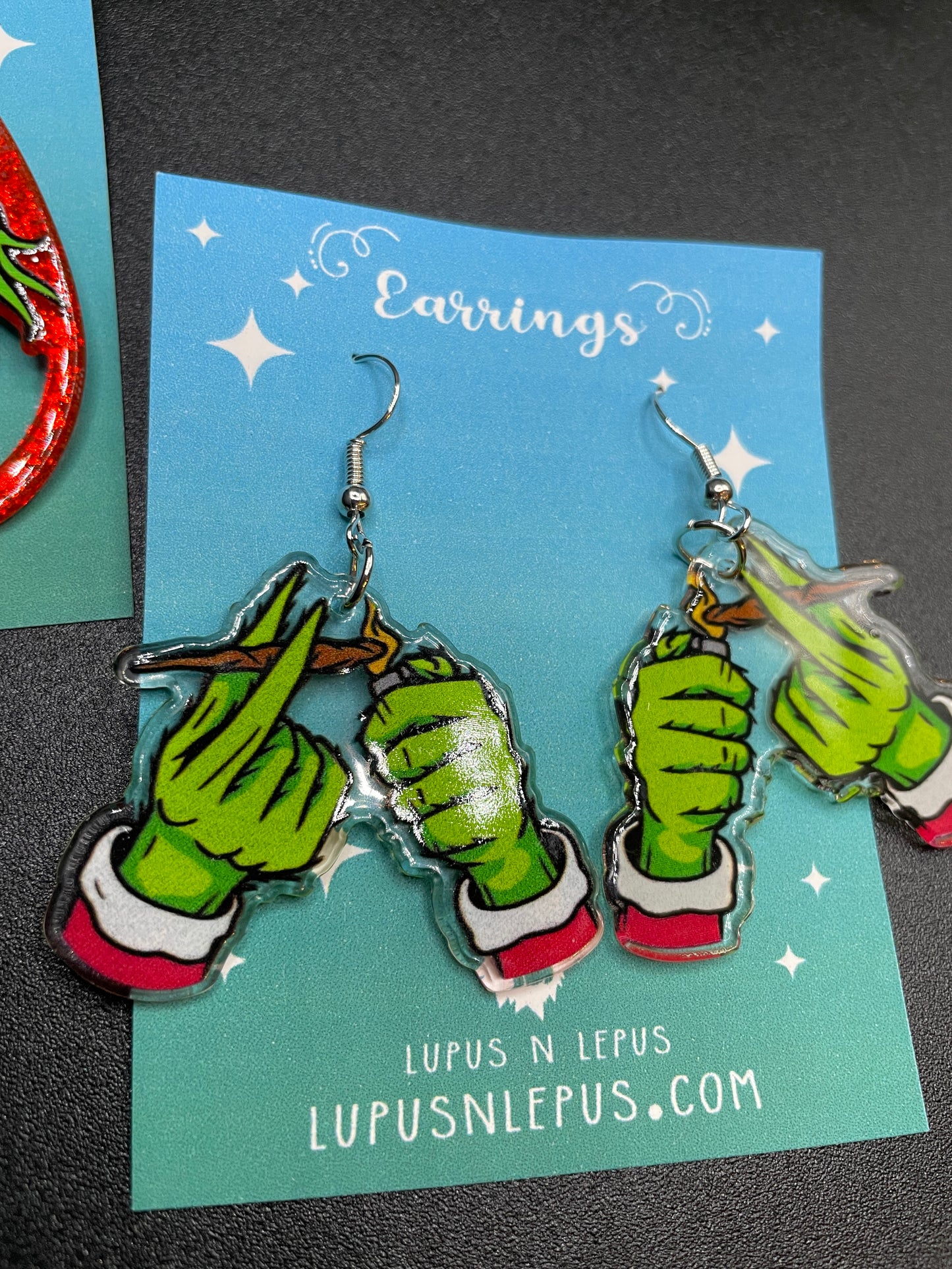 grinch earrings, grinch hands earrings, grinch bell earrings, christmas earrings, dangle, fishhook, acrylic earrings, dangle, hypoallergenic, handmade, nerdy, nerdy earrings, nerdy gift, cute earrings