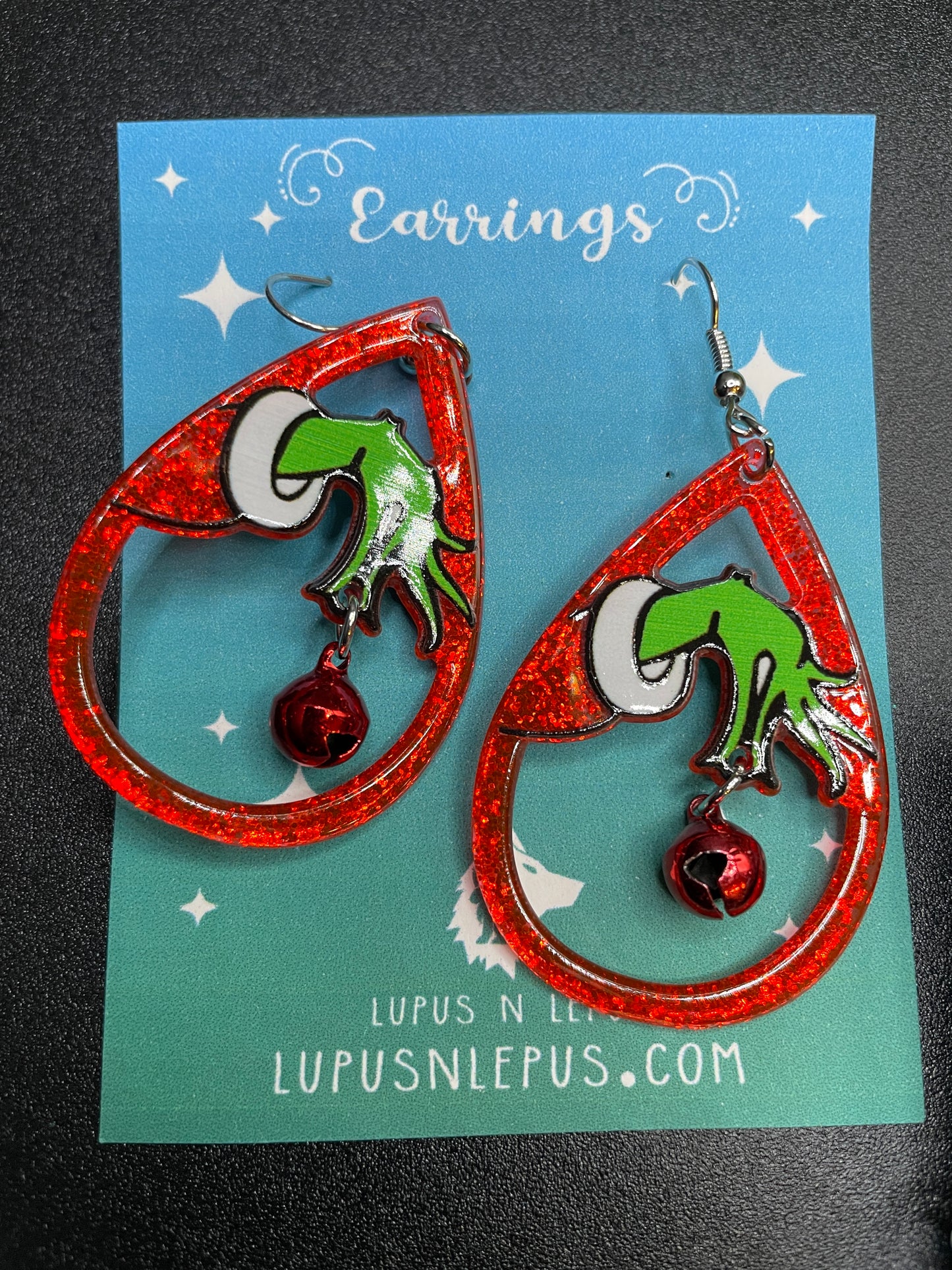 grinch earrings, grinch hands earrings, grinch bell earrings, christmas earrings, dangle, fishhook, acrylic earrings, dangle, hypoallergenic, handmade, nerdy, nerdy earrings, nerdy gift, cute earrings
