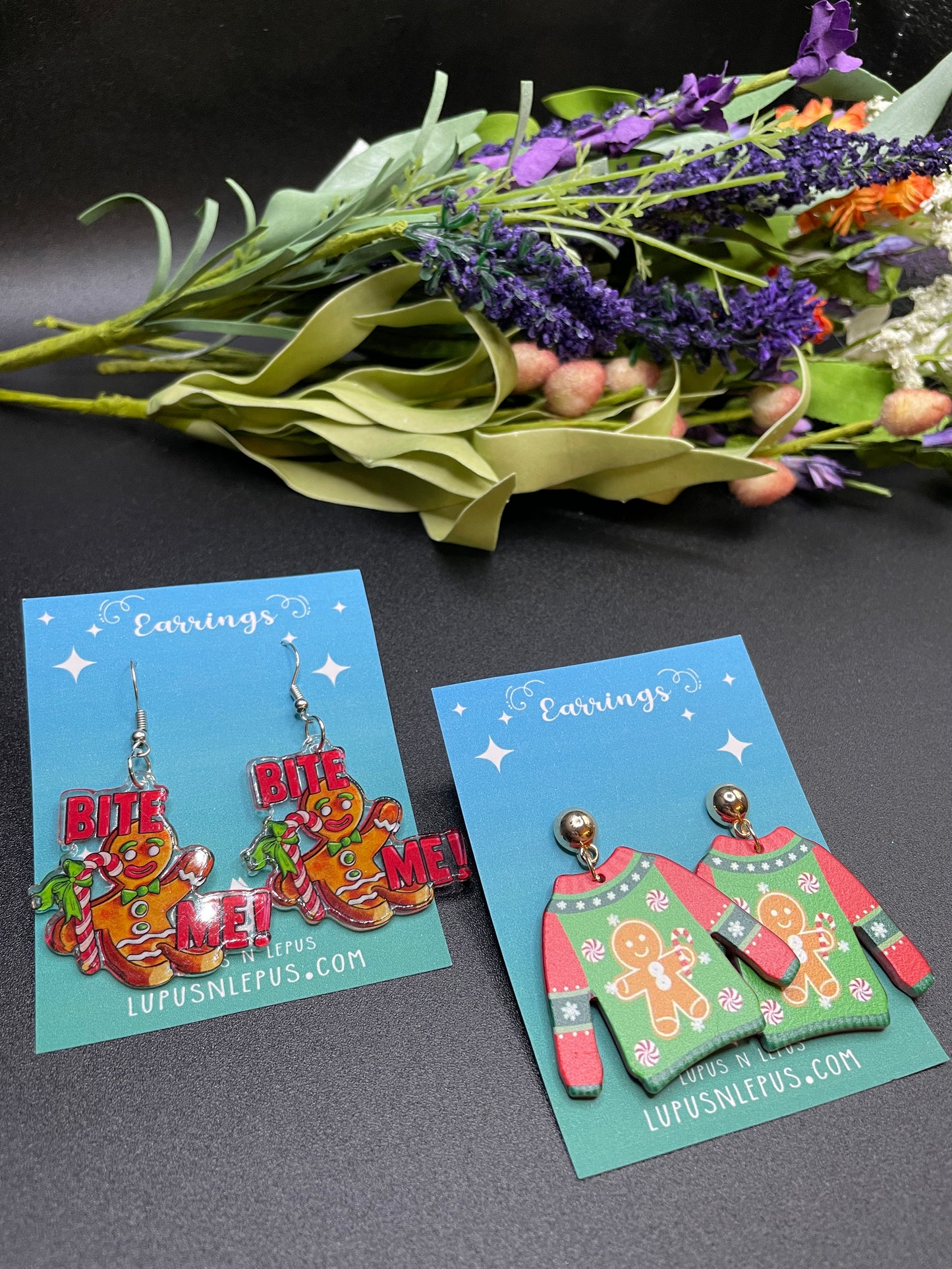 bite me, bite me earrings, sarcastic earrings, gingerbread earrings, ugly xmas sweater, ugly earrings