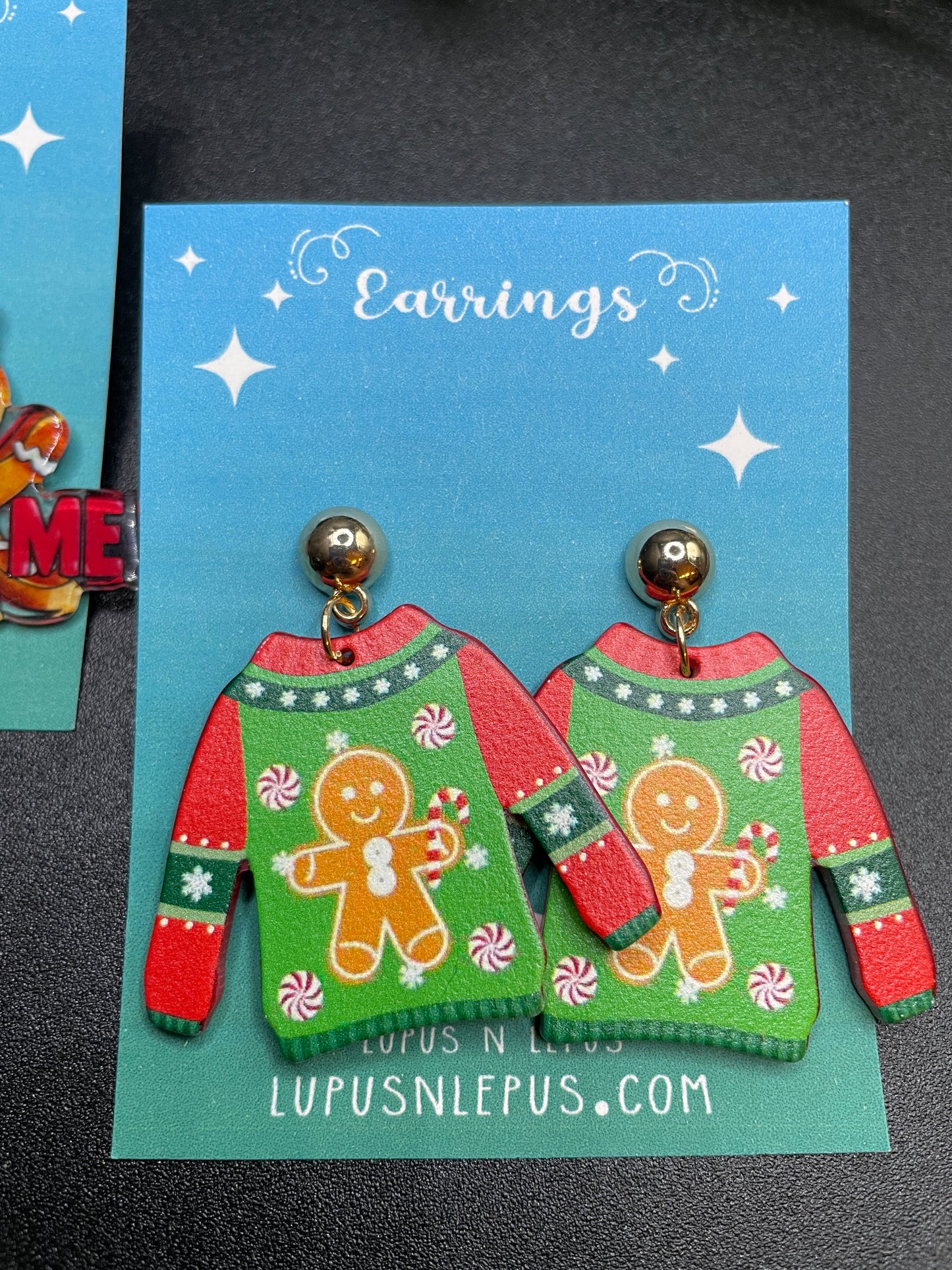 gingerbread earrings, sarcastic earrings, bite me earrings, ugly christmas sweater earrings, christmas earrings, dangle, fishhook, acrylic earrings, dangle, hypoallergenic, handmade, nerdy, nerdy earrings, nerdy gift, cute earrings