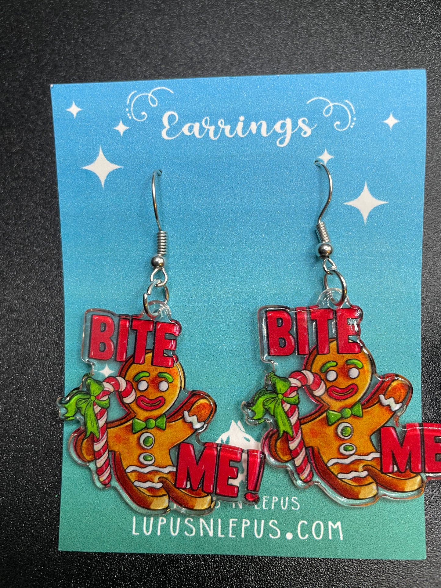 gingerbread earrings, sarcastic earrings, bite me earrings, ugly christmas sweater earrings, christmas earrings, dangle, fishhook, acrylic earrings, dangle, hypoallergenic, handmade, nerdy, nerdy earrings, nerdy gift, cute earrings