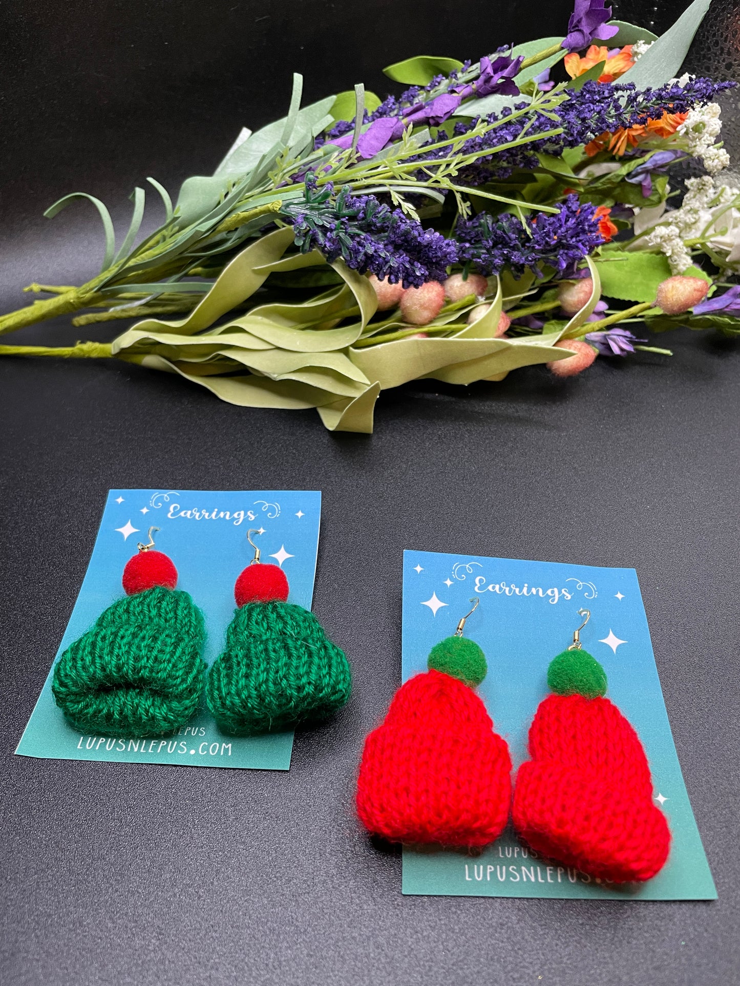 red hat earrings, green hat earrings, earrings, dangle earrings, fish hook earrings, hat earrings,