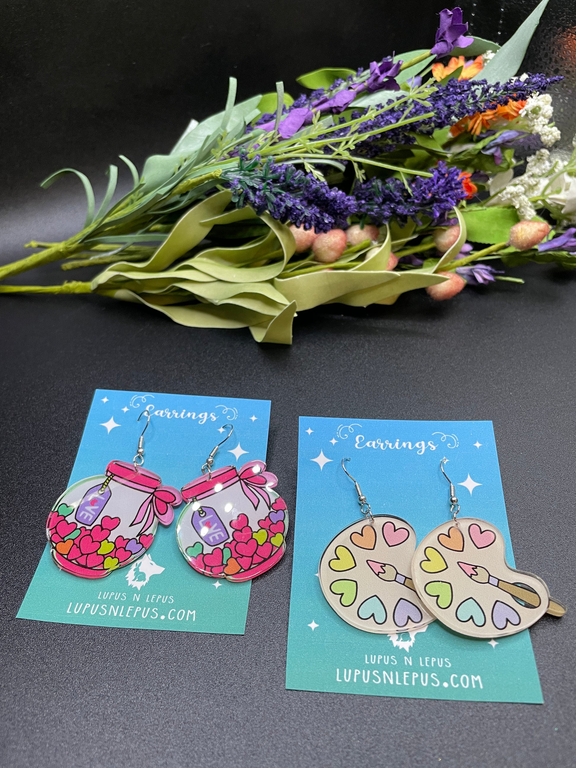 love earrings, valentines day, cute earrings, love earrings, artist earrings, paint earrings, pallet earrings,