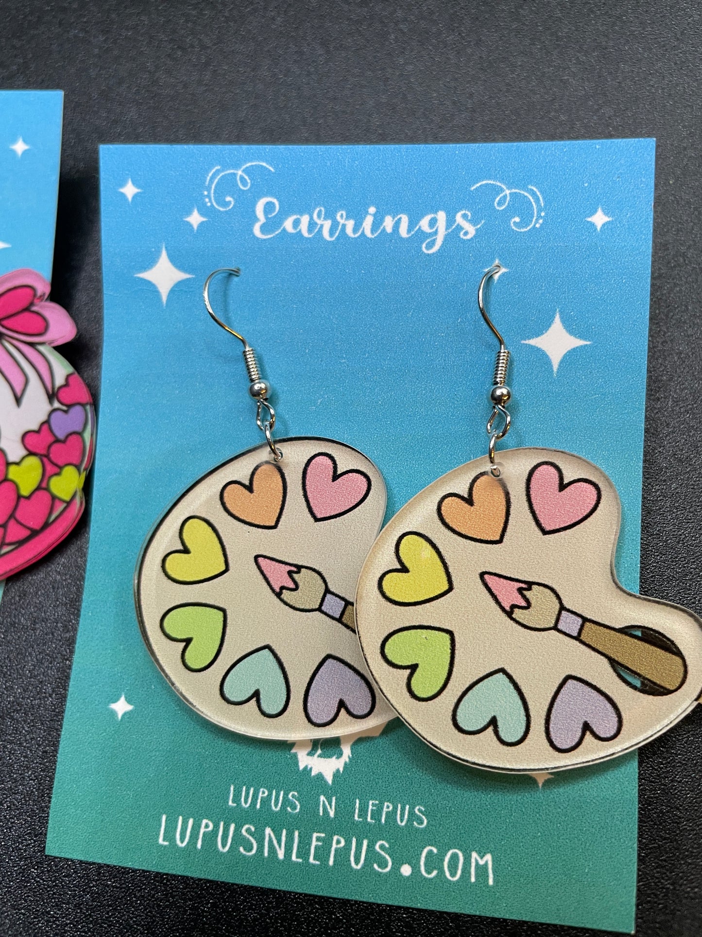 love earrings, artist earrings, art earrings, pallet earrings, valentines earrings, dangle, fishhook, acrylic earrings, dangle, hypoallergenic, handmade, nerdy, nerdy earrings, nerdy gift, cute earrings