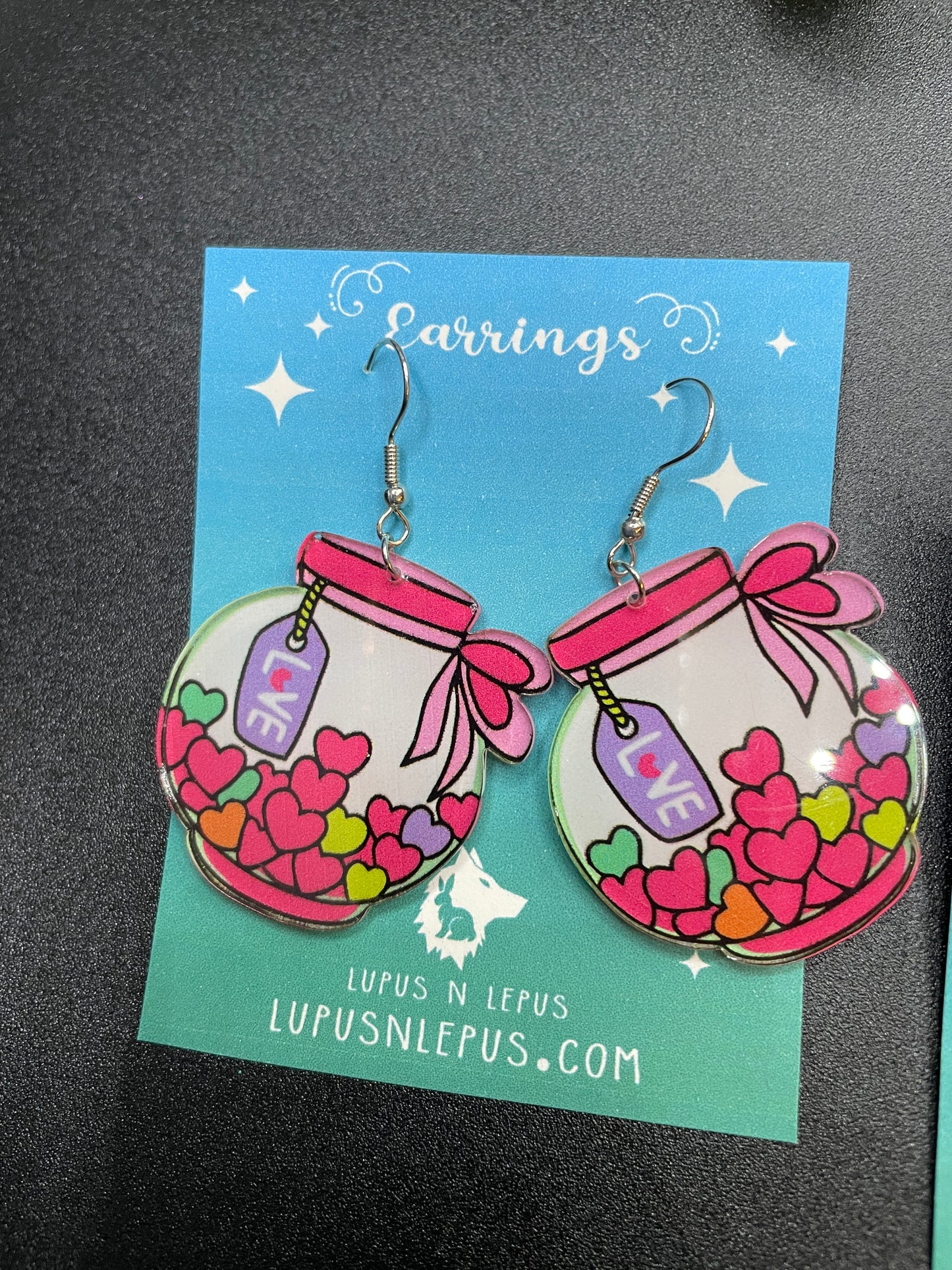 love earrings, artist earrings, art earrings, pallet earrings, valentines earrings, dangle, fishhook, acrylic earrings, dangle, hypoallergenic, handmade, nerdy, nerdy earrings, nerdy gift, cute earrings