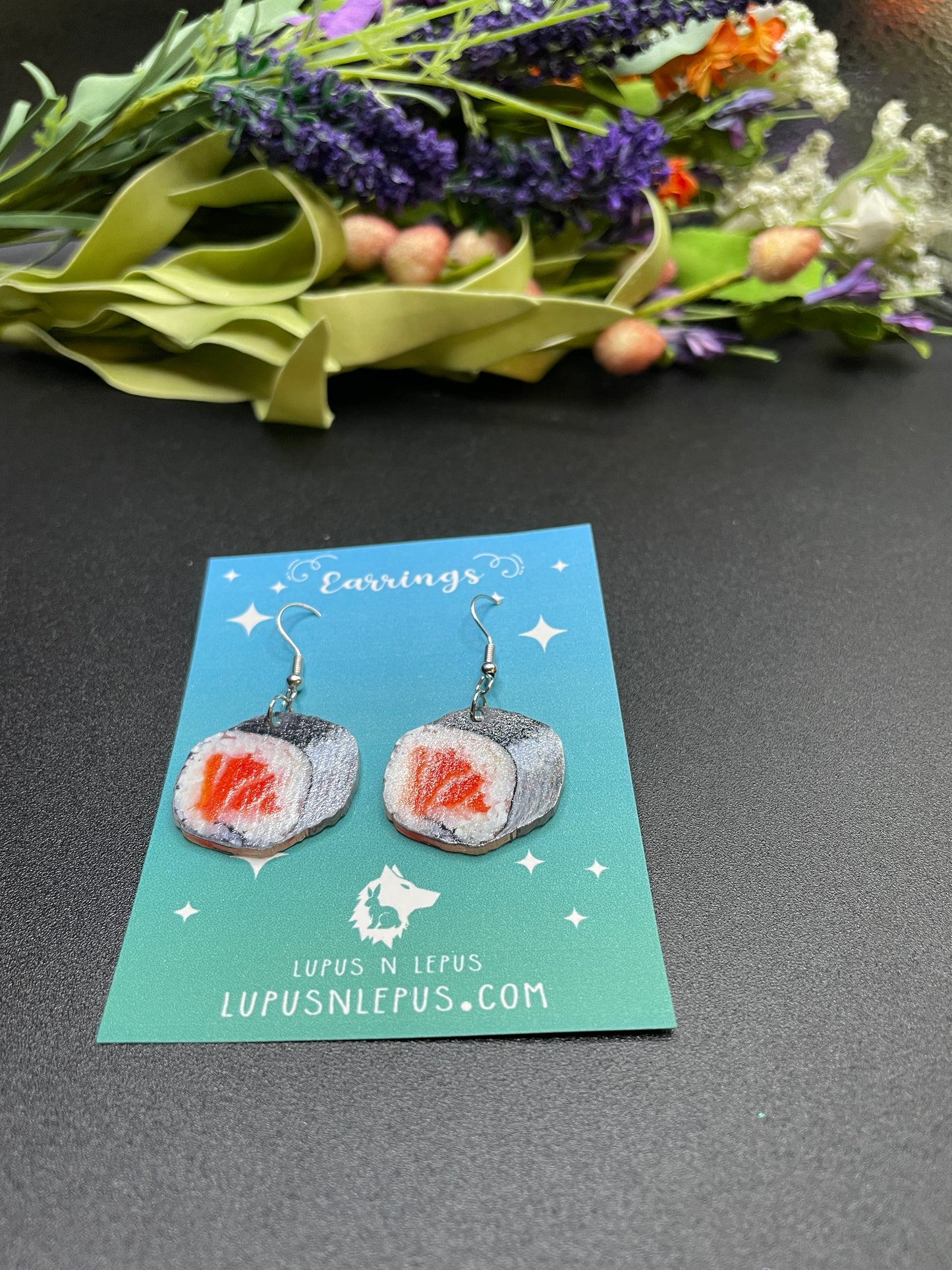 sushi earrings, sushi roll earrings, food earrings, dangle, fish hook, I choose violence earrings, dangle, fishhook, acrylic earrings, dangle, hypoallergenic, handmade, nerdy, nerdy earrings, nerdy gift, cute earrings