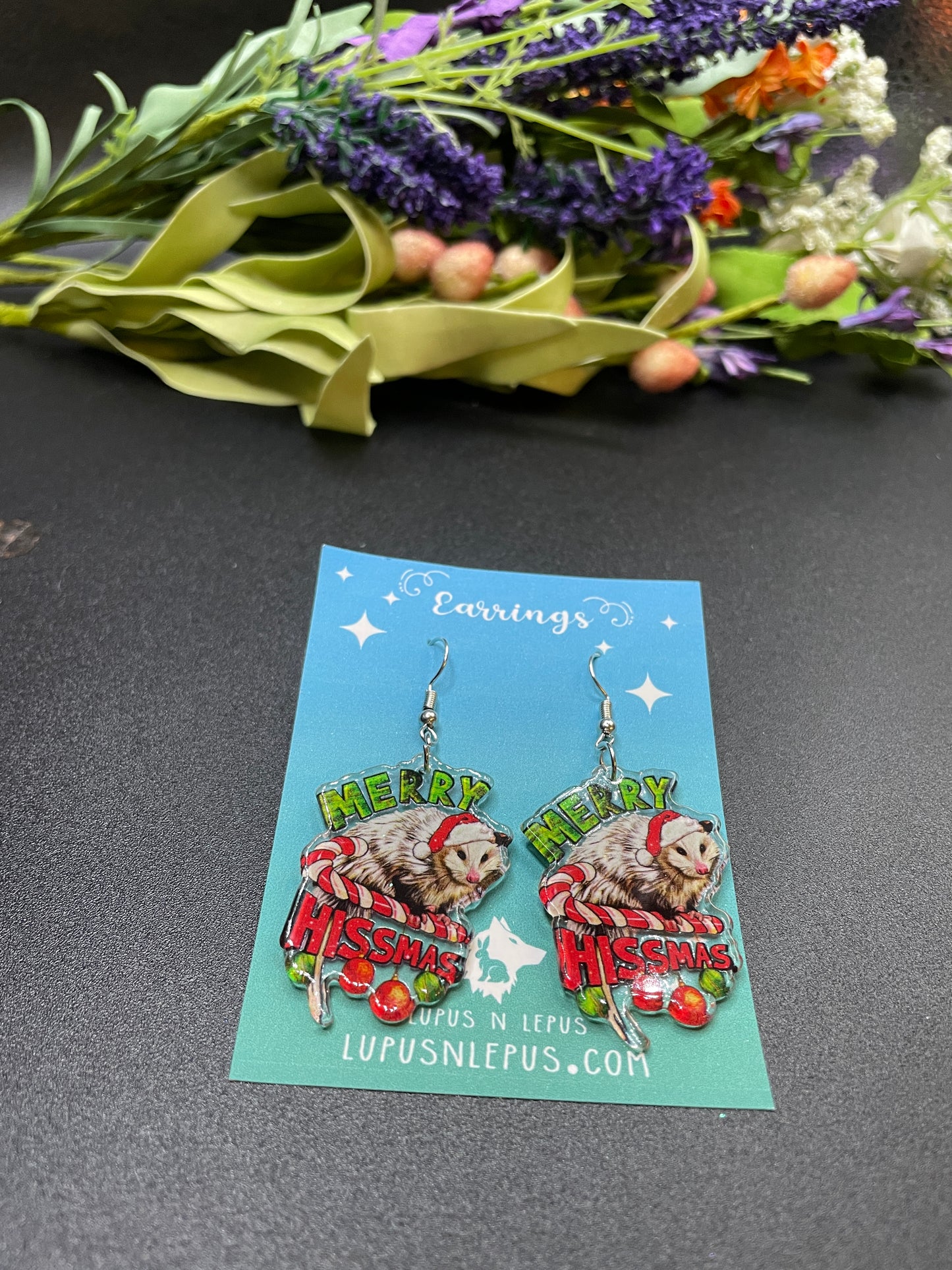 possum earrings, opossum earrings, xmas earrings, merry hissmas earrings, I choose violence earrings, dangle, fishhook, acrylic earrings, dangle, hypoallergenic, handmade, nerdy, nerdy earrings, nerdy gift, cute earrings