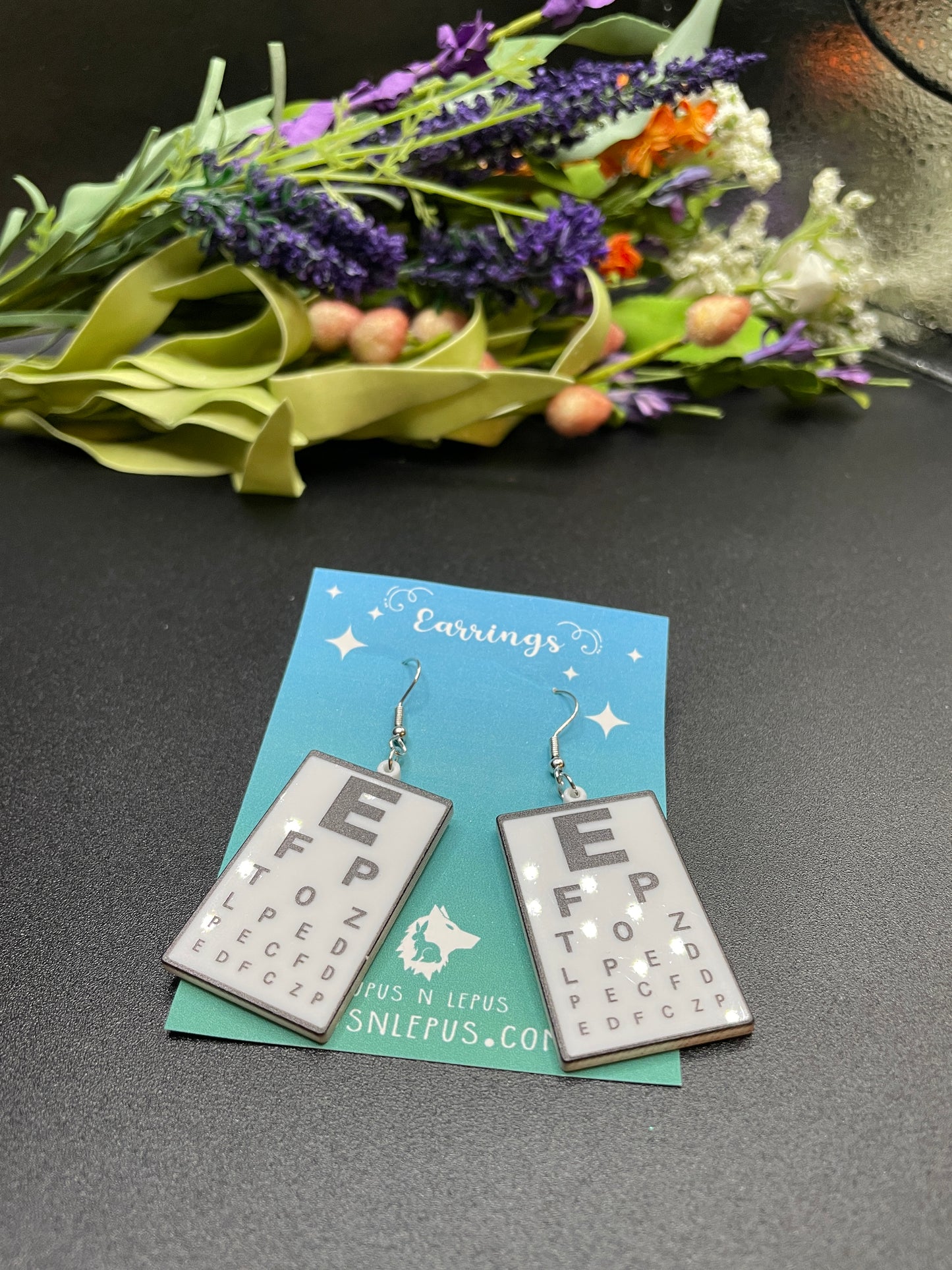 eye chart earrings, eye exam earrings, eye dr earrings, glasses earrings,