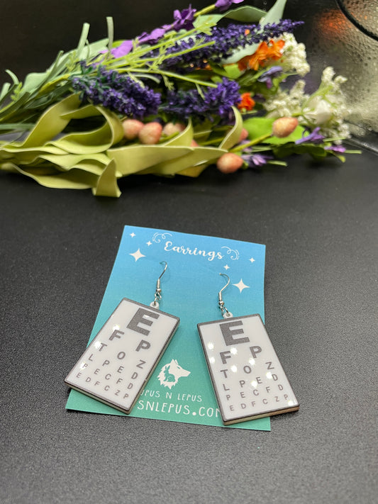 eye chart earrings, eye exam earrings, eye dr earrings, glasses earrings,