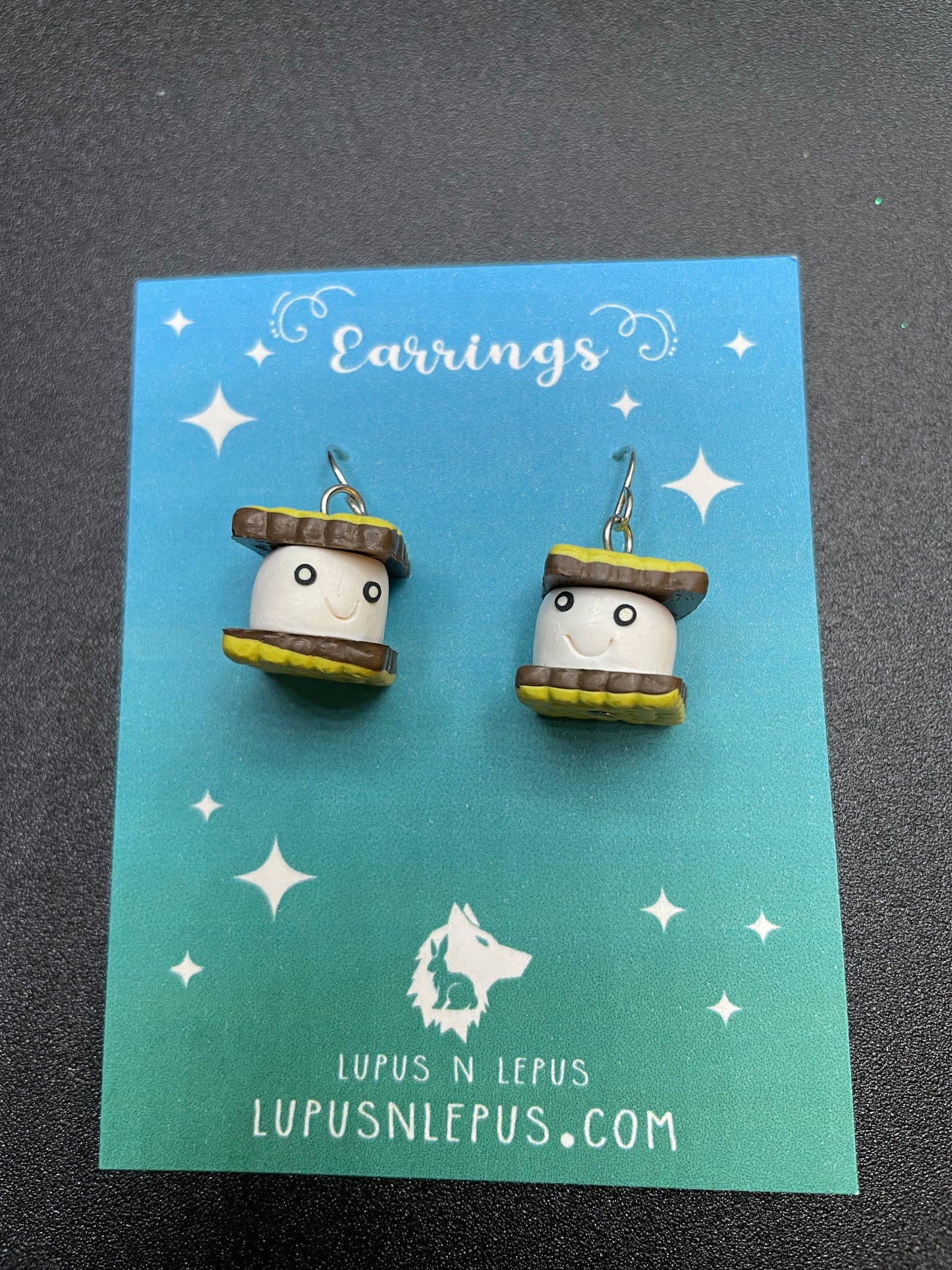 smores earrings, s'mores earrings, food earrings, camping earrings, fall earrings, dangle, fishhook, acrylic earrings, dangle, hypoallergenic, handmade, nerdy, nerdy earrings, nerdy gift, cute earrings