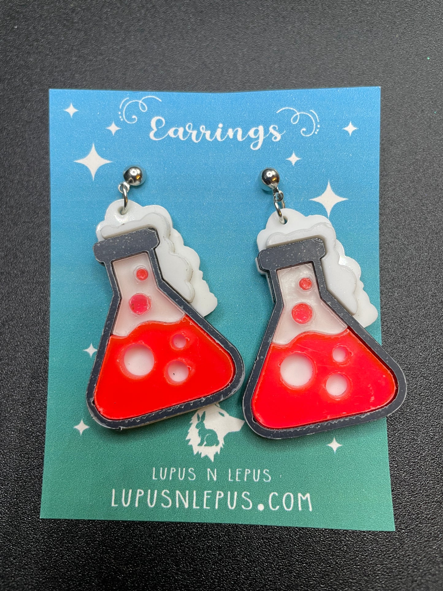 beaker earrings, chemistry earrings, lab earrings, lab tech earrings, valentines earrings, dangle, fishhook, acrylic earrings, dangle, hypoallergenic, handmade, nerdy, nerdy earrings, nerdy gift, cute earrings