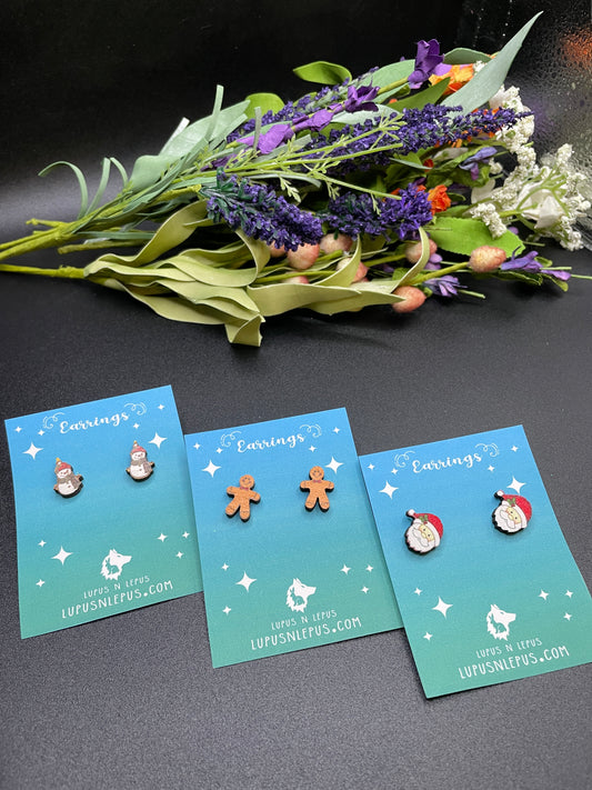 wooden earrings, snowman, gingerbread man, santa, holiday earrings, wooden, wood