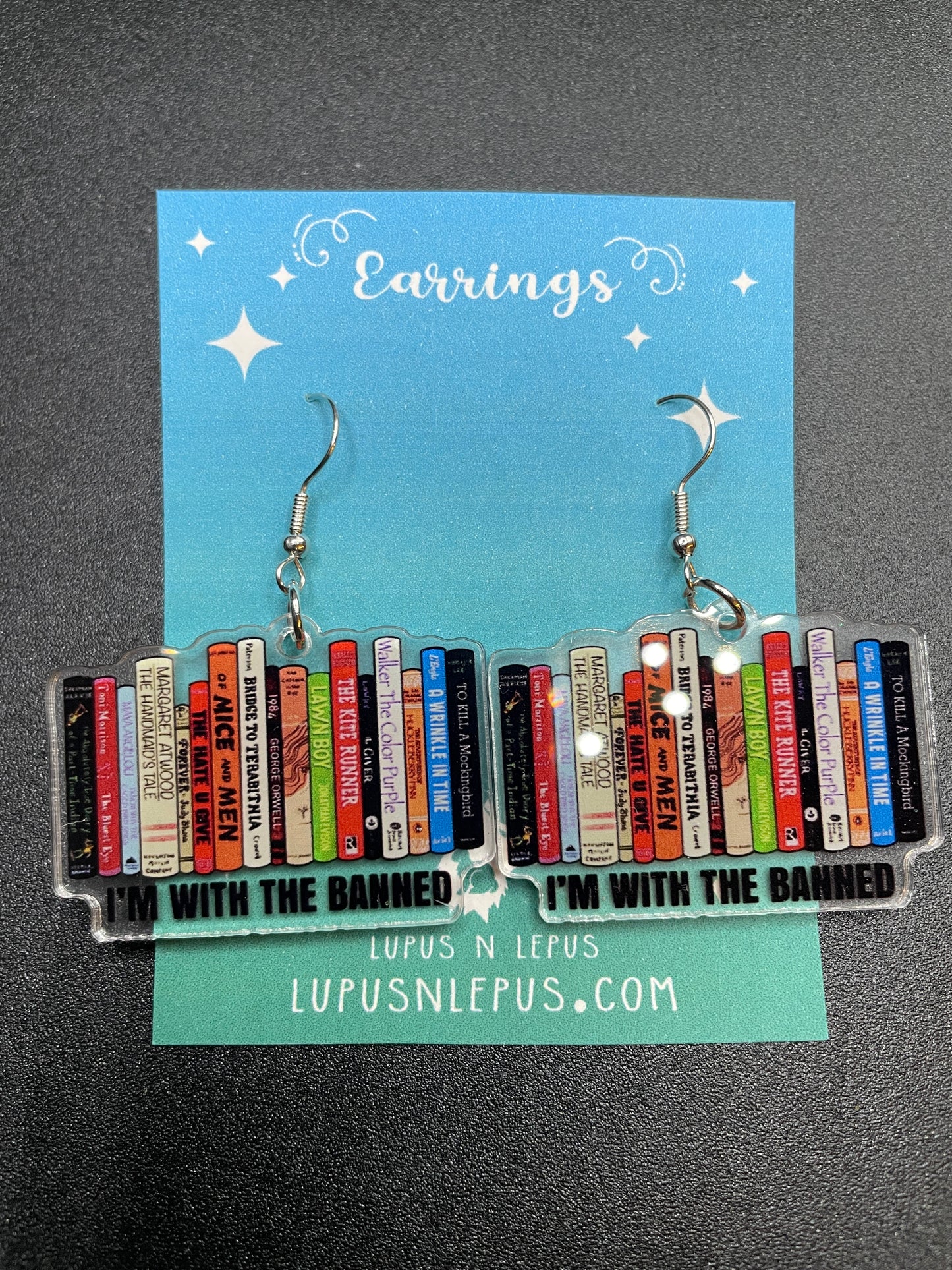book earrings, banned books earrings, reading earrings, bookworm earring, dangle, fishhook, acrylic earrings, dangle, hypoallergenic, handmade, nerdy, nerdy earrings, nerdy gift, cute earrings
