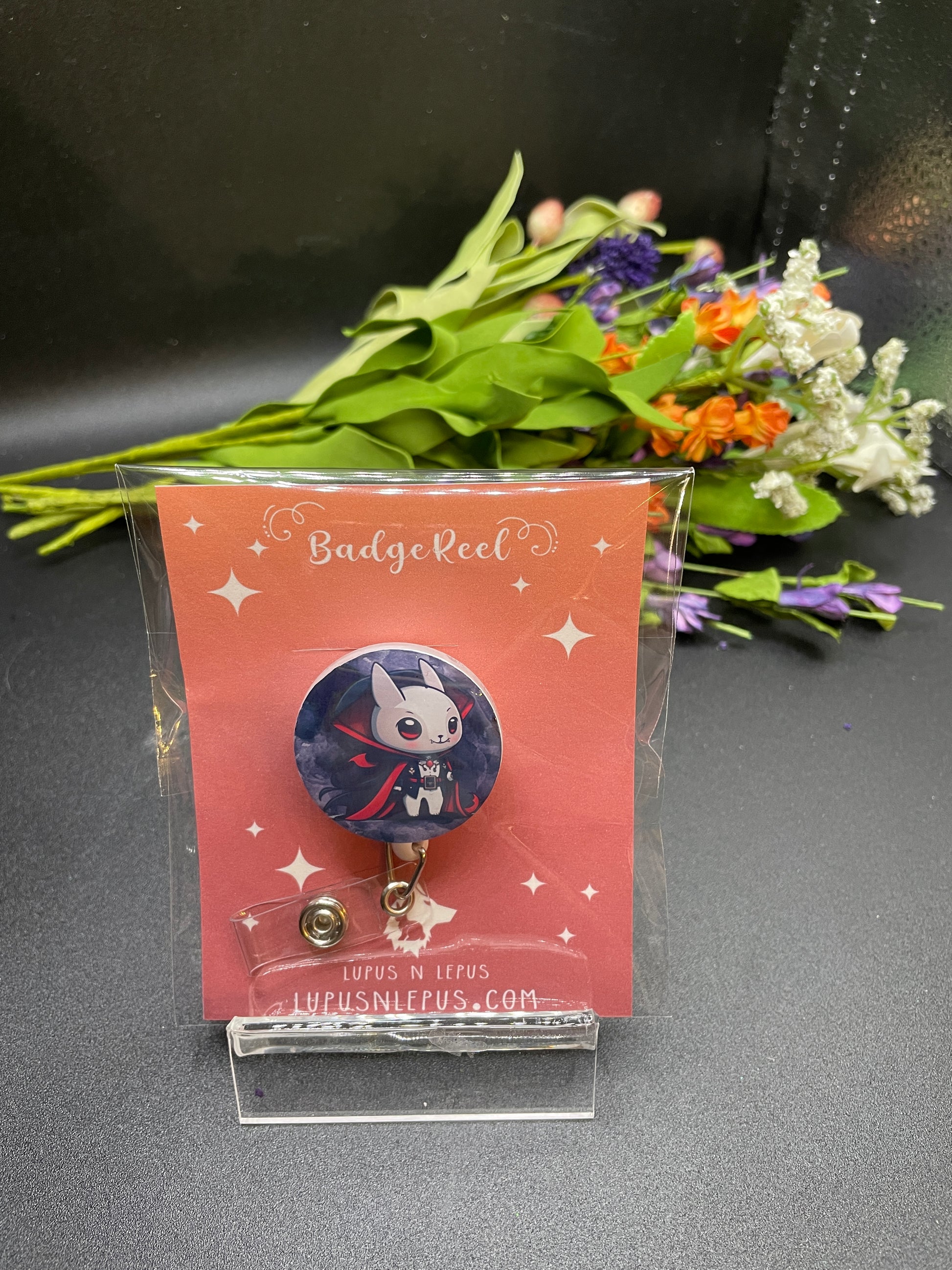 Vampire bunny, vampire, rabbit, bunny, dark, lab, phlebotomist, badge reel