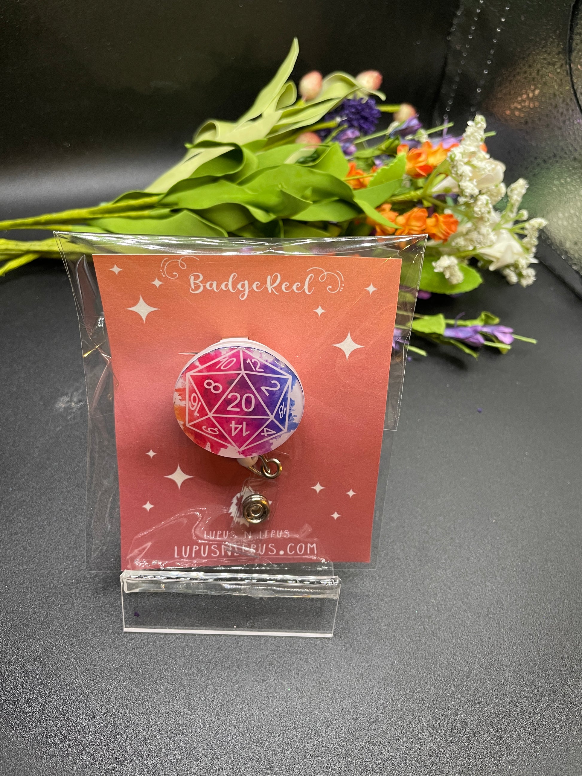 d20, dice, d20 badge reel, dice badge reel, dice work badge