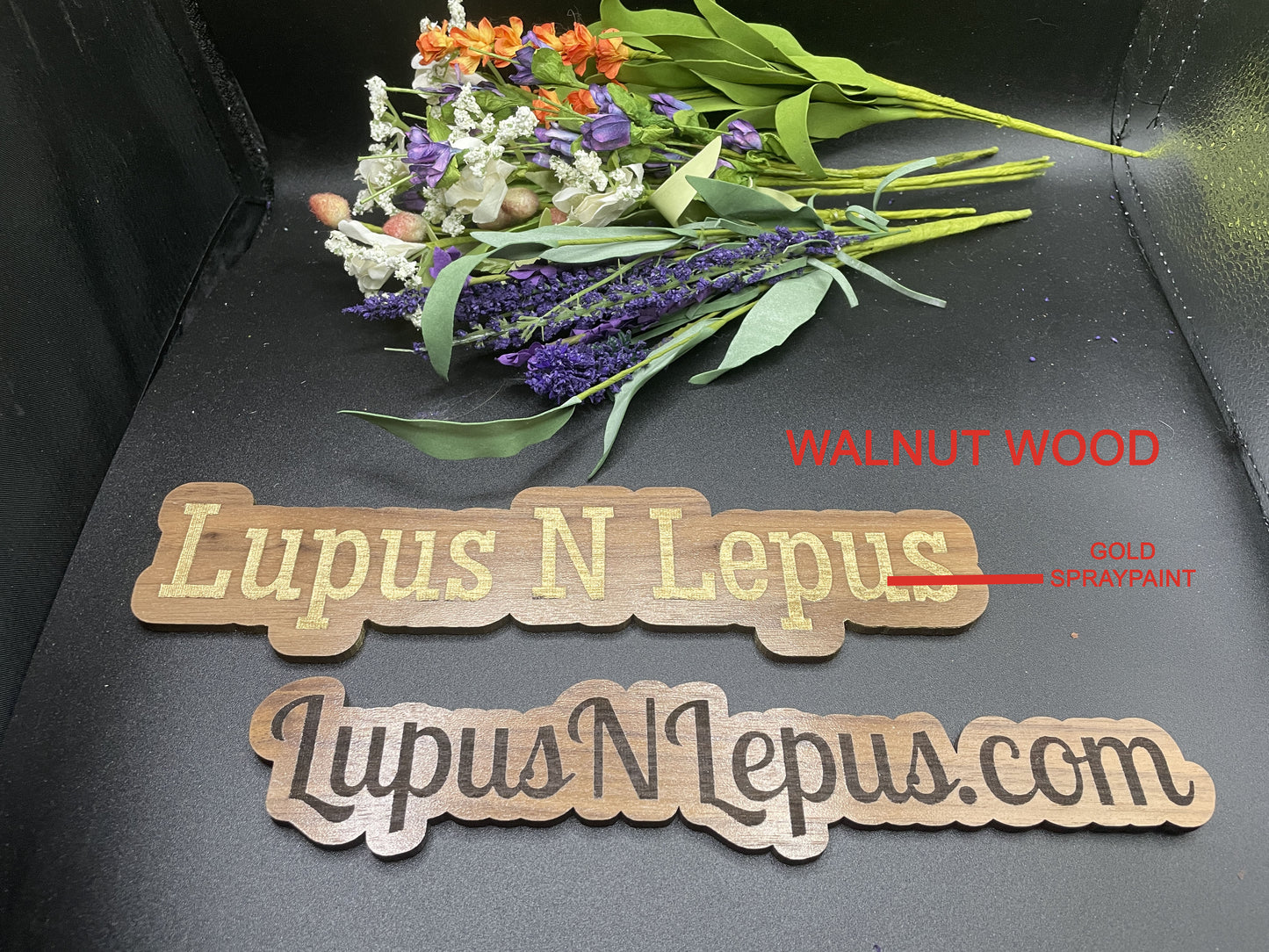 walnut wood, gold spray paint version.