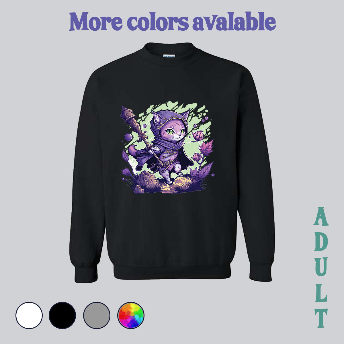 SWEATSHIRT (no pocket or hood) - mage cat, magical cat, cat sweatshirt, magical cat, mage cat sweater, dm hoodie, tabletop hoodie, gamer hoodie, made in house, dtf, digital transfer, my art, my design