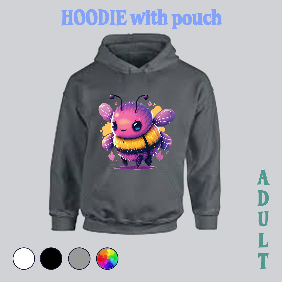 Hoodie with pocket pouch - bee, bee hoodie, bee sweater, cute bee, kawaii bee, bee kind, made in house, dtf, digital transfer, my art, my design