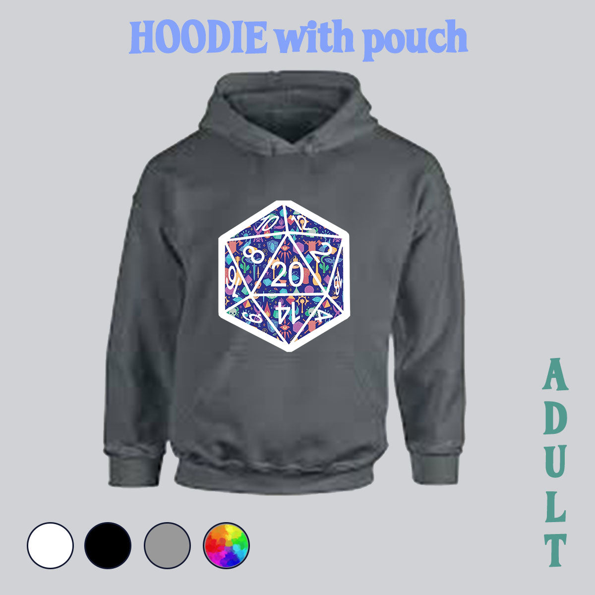 Hoodie with pocket pouch - d20, dice hoodie, d20 hoodie, dice, tabletop hoodie, DM, DM hoodie, made in house, dtf, digital transfer, my art, my design