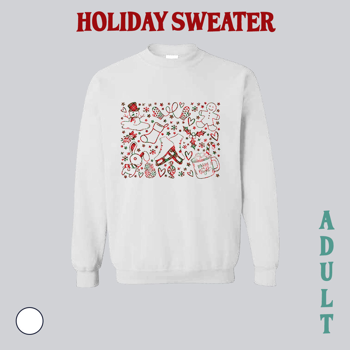 SWEATSHIRT (no pocket or hood) - Christmas design, cute christmas doodle, christmas doodle, christmas doodle sweater,, christmas sweater, christmas sweatshirt, christmas lights sweatshirt, made in house, dtf, digital transfer, my art, my design